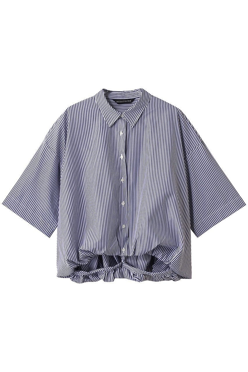 【ミズイロ インド/mizuiro ind】のstripe half slv balloon shirt シャツ インテリア・キッズ・メンズ・レディースファッション・服の通販 founy(ファニー) 　ファッション　Fashion　レディースファッション　Fashion for Women　トップス・カットソー　Cut & Sew Tops　シャツ・ブラウス・オフィスカジュアル　Elegant Blouses & Button-Ups　おすすめ　Recommended / Our Picks　ギャザー　Gathered, Ruffled　ショート　Short, Short Length　ストライプ　Stripe, Striped Pattern　スリーブ　Sleeve, Long Sleeve / Short Sleeve　バルーン　Balloon, Balloon Silhouette　エレガント 上品　Elegant　ネイビー|ID: prp329100004509165 ipo3291000000032907569