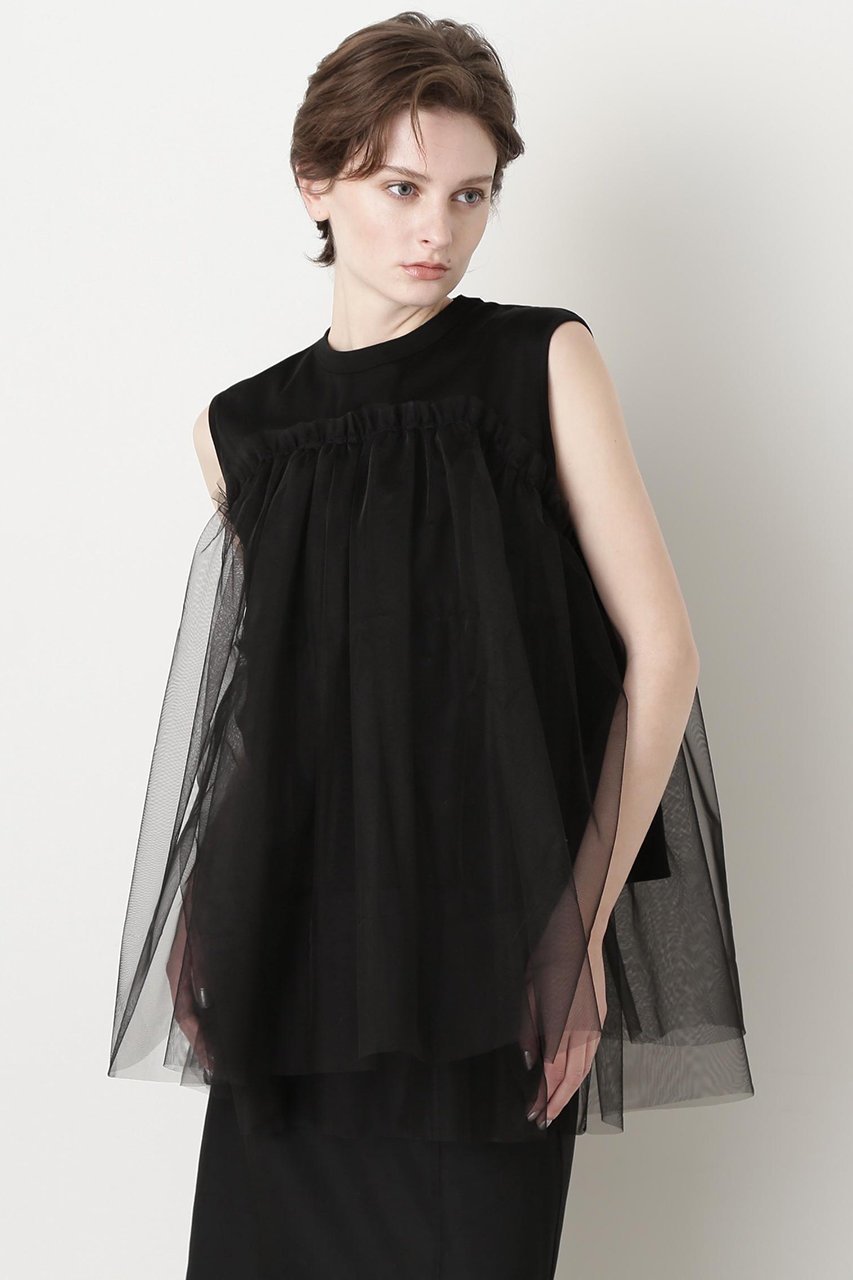 【ヒューエルミュージアム/hueLe Museum】の【STUMBLY】Tulle Combination Tops 人気、トレンドファッション・服の通販 founy(ファニー) 　ファッション　Fashion　レディースファッション　Fashion for Women　トップス・カットソー　Cut & Sew Tops　キャミソール&ノースリーブ　Camisoles & Sleeveless Tops　シャツ・ブラウス・オフィスカジュアル　Elegant Blouses & Button-Ups　ロングTシャツ・Tシャツ　Longline T-Shirts & Tees　カットソー・ベーシックTシャツ　Cut-and-Sewn Tops / Stretch Tees & Basics　キャミソール　Camisole, Spaghetti Strap Top　シンプル　Simple, Minimal　タンク　Tank Top, Sleeveless Top　チュール　Tulip, Tulip Motif　モノトーン　Monotone, Black and White　 other-1|ID: prp329100004509221 ipo3291000000032847931