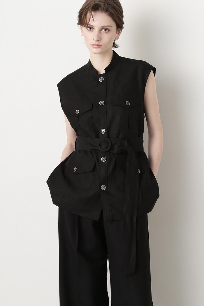 【ヒューエルミュージアム/hueLe Museum】の【STUMBLY】Belted Sleeveless Jacket インテリア・キッズ・メンズ・レディースファッション・服の通販 founy(ファニー) https://founy.com/ ファッション Fashion レディースファッション Fashion for Women アウター Coat / Outerwear Collection レディースジャケット・軽アウター Jackets ジャケット Jacket, Outerwear スタンド Stand Collar, Upright Stand プリーツ Pleats, Pleated ポケット Pocket, Pocket Detail ミリタリー Military, Army Style リネン Linen, Linen Fabric 夏 Summer |ID: prp329100004509222 ipo3291000000032951290