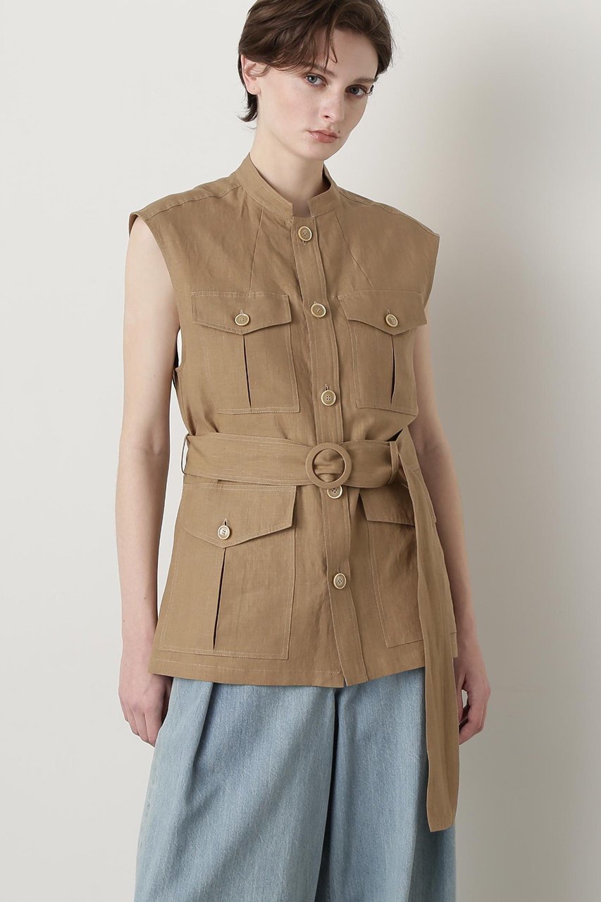 【ヒューエルミュージアム/hueLe Museum】の【STUMBLY】Belted Sleeveless Jacket インテリア・キッズ・メンズ・レディースファッション・服の通販 founy(ファニー) 　ファッション　Fashion　レディースファッション　Fashion for Women　アウター　Coat / Outerwear Collection　レディースジャケット・軽アウター　Jackets　ジャケット　Jacket, Outerwear　スタンド　Stand Collar, Upright Stand　プリーツ　Pleats, Pleated　ポケット　Pocket, Pocket Detail　ミリタリー　Military, Army Style　リネン　Linen, Linen Fabric　夏　Summer　ベージュ|ID: prp329100004509222 ipo3291000000032951297
