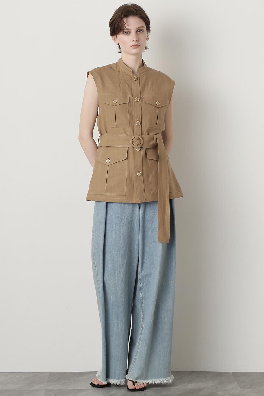 【ヒューエルミュージアム/hueLe Museum】の【STUMBLY】Belted Sleeveless Jacket 人気、トレンドファッション・服の通販 founy(ファニー) 　ファッション　Fashion　レディースファッション　Fashion for Women　アウター　Coat / Outerwear Collection　レディースジャケット・軽アウター　Jackets　ジャケット　Jacket, Outerwear　スタンド　Stand Collar, Upright Stand　プリーツ　Pleats, Pleated　ポケット　Pocket, Pocket Detail　ミリタリー　Military, Army Style　リネン　Linen, Linen Fabric　夏　Summer　other-2|ID: prp329100004509222 ipo3291000000032951301
