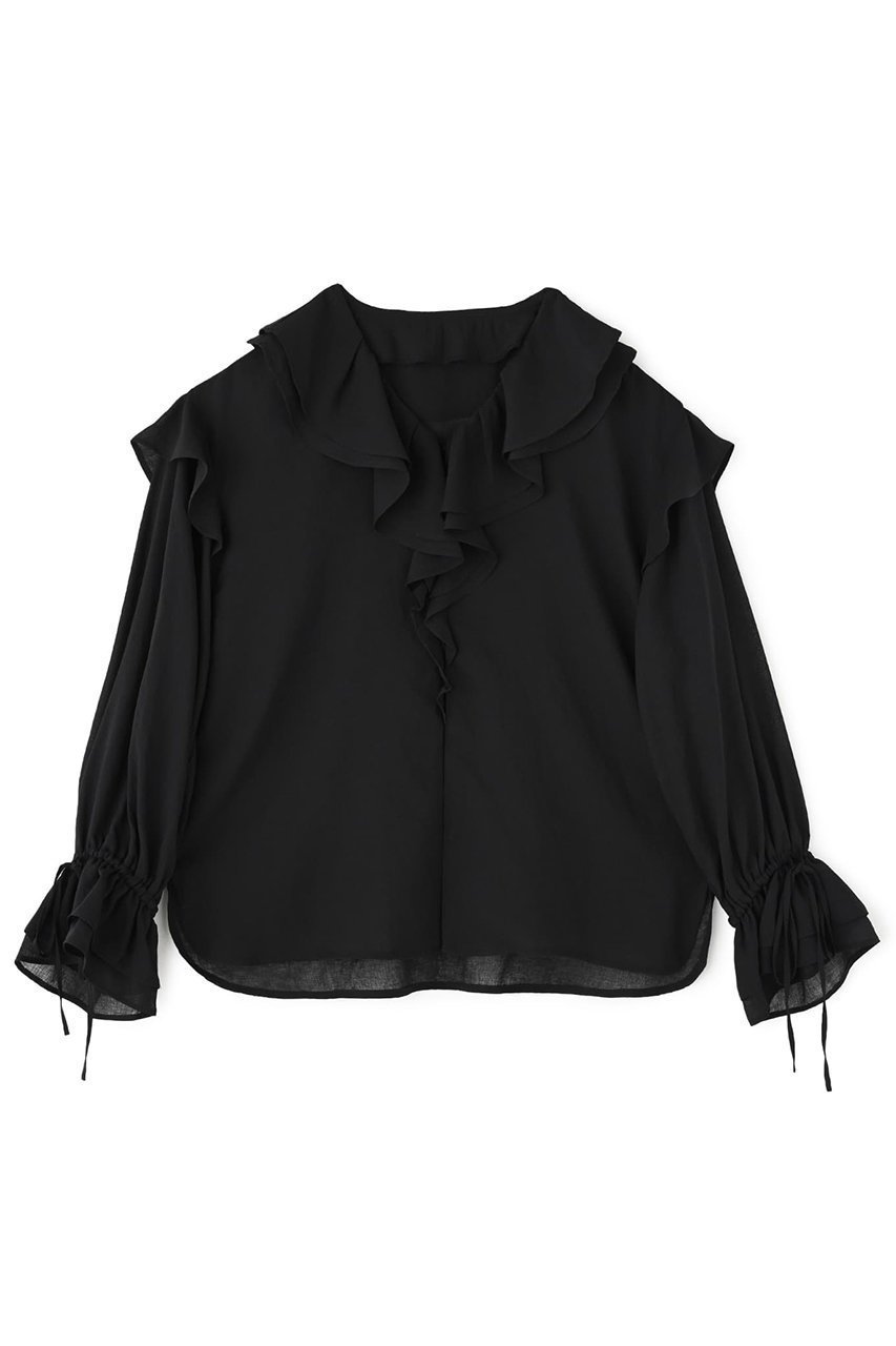 【エストラータ/STRATA】のアンティークガーゼラッフルブラウス インテリア・キッズ・メンズ・レディースファッション・服の通販 founy(ファニー) 　ファッション　Fashion　レディースファッション　Fashion for Women　トップス・カットソー　Cut & Sew Tops　シャツ・ブラウス・オフィスカジュアル　Elegant Blouses & Button-Ups　おすすめ　Recommended / Our Picks　エアリー　Airy Texture　カーディガン　Cardigan, Knitwear　スリーブ　Sleeve, Long Sleeve / Short Sleeve　デニム　Denim, Jeans Material　バランス　Balance, Style Balance　フェミニン　Feminine, Girly　フリル　Frill, Ruffle　フロント　Front, Front Design　ラッフル　Ruffle, Frill　ロング　Long, Long-Length　ワイド　Wide, Wide Fit　春　Spring　ブラック|ID: prp329100004510953 ipo3291000000032905961