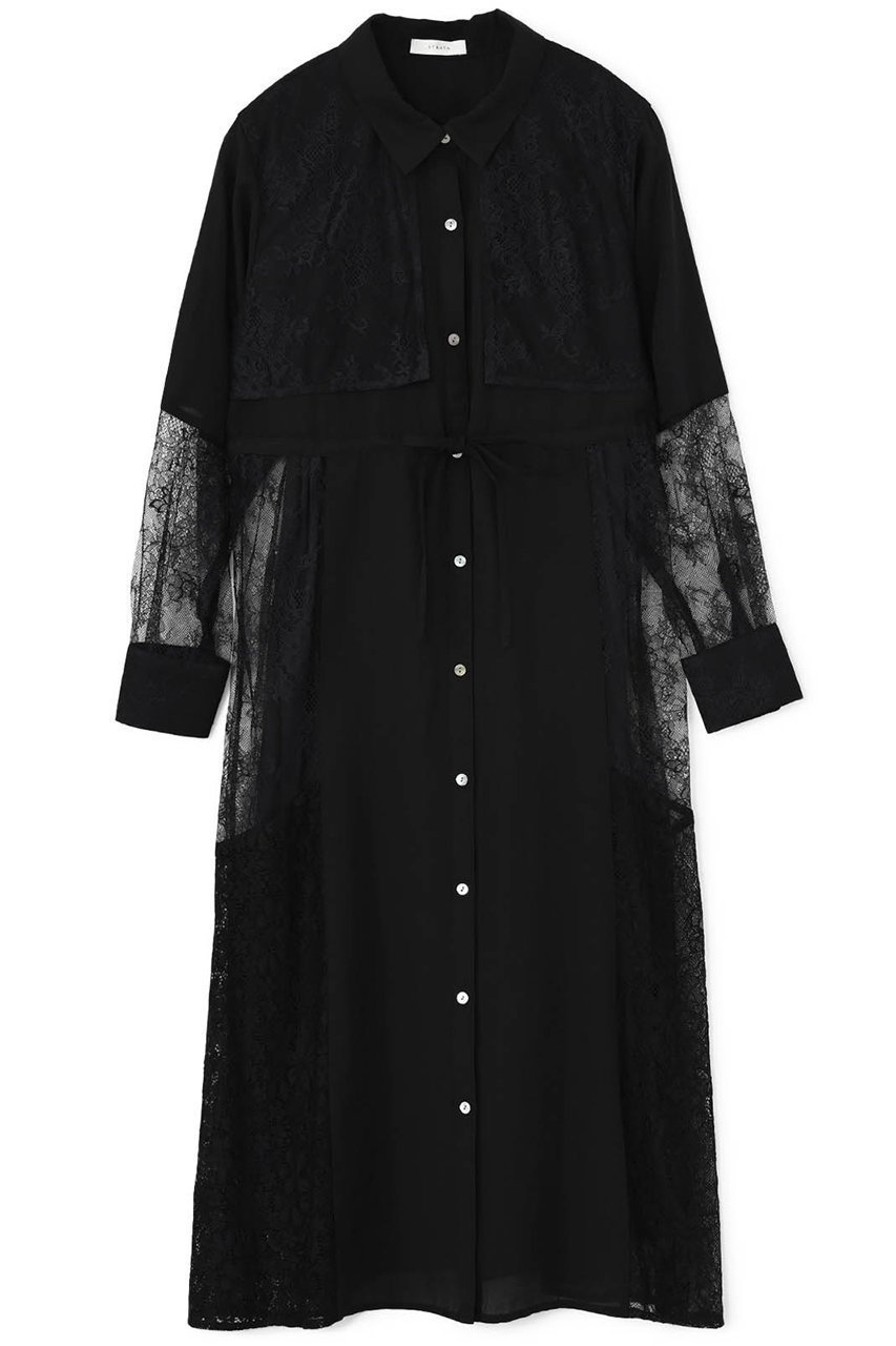 【エストラータ/STRATA】のミックスレースシャツワンピース インテリア・キッズ・メンズ・レディースファッション・服の通販 founy(ファニー) 　ファッション　Fashion　レディースファッション　Fashion for Women　ワンピース　Dresses　シャツワンピース / 1枚で着映えコーデ　Shirt Dresses　チュニック　Tunic Tops & Dresses　おすすめ　Recommended / Our Picks　チュニック　Tunic, Long Top　デニム　Denim, Jeans Material　トレンド　Trend, Trending Now　レース　Lace, Lace Fabric　エレガント 上品　Elegant　春　Spring　ブラック|ID: prp329100004510961 ipo3291000000032857834