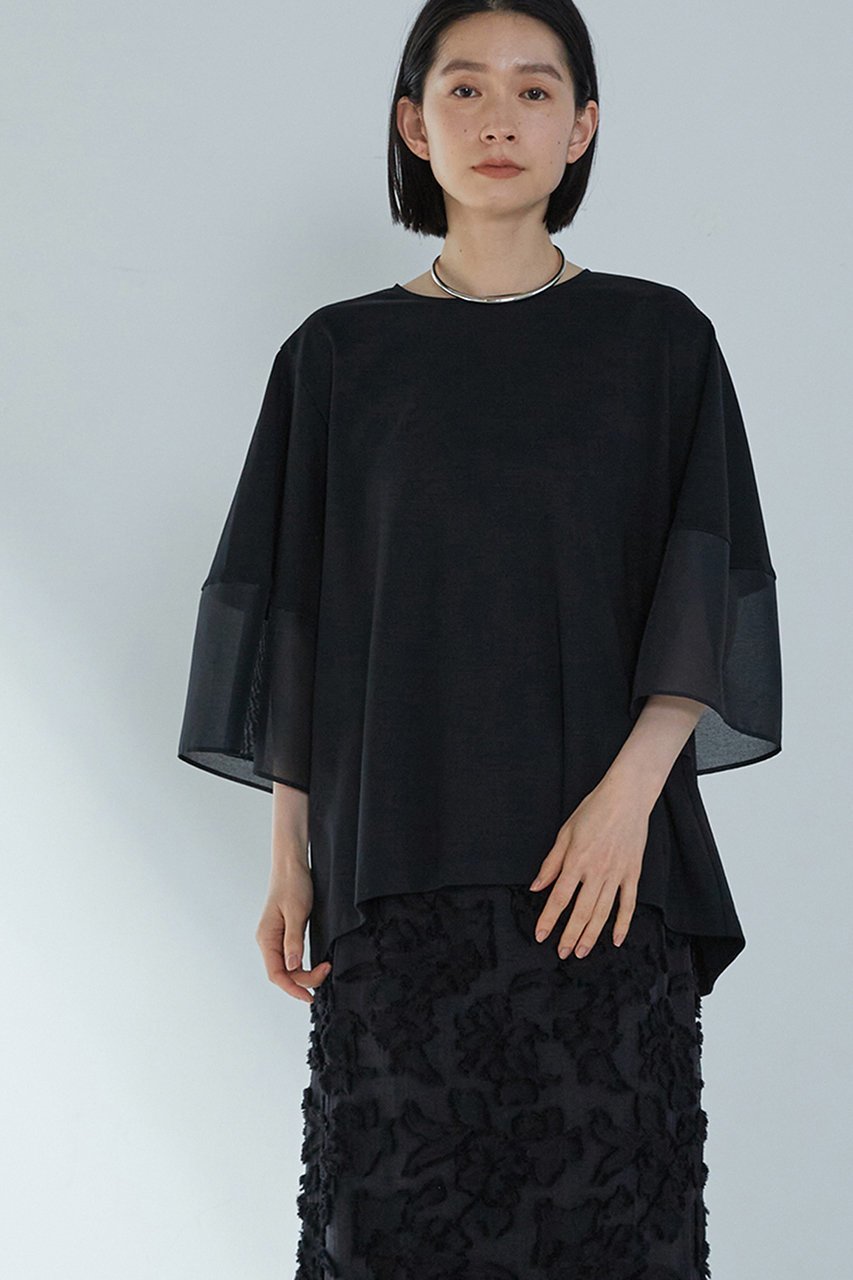 【プルミエ アロンディスモン/1er Arrondissement】のシアーコンビカットソー インテリア・キッズ・メンズ・レディースファッション・服の通販 founy(ファニー) 　ファッション　Fashion　レディースファッション　Fashion for Women　トップス・カットソー　Cut & Sew Tops　シャツ・ブラウス・オフィスカジュアル　Elegant Blouses & Button-Ups　ロングTシャツ・Tシャツ　Longline T-Shirts & Tees　カットソー・ベーシックTシャツ　Cut-and-Sewn Tops / Stretch Tees & Basics　カットソー　Cut and Sewn Top　ショート　Short, Short Length　スリーブ　Sleeve, Long Sleeve / Short Sleeve　夏　Summer　春　Spring　S/S・春夏　SS, Spring/Summer, Warm Season　ブラック|ID: prp329100004512188 ipo3291000000032810505