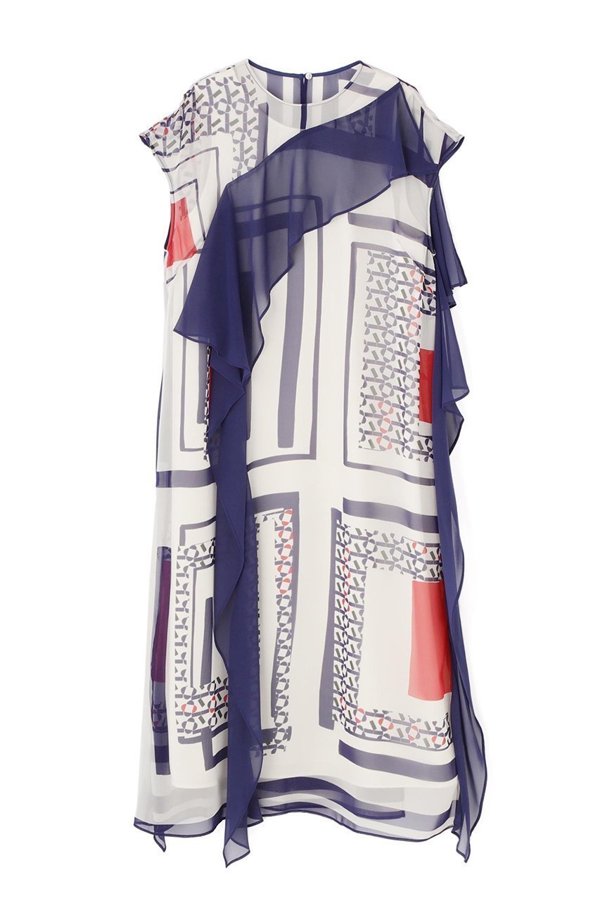 【アドーア/ADORE】のメディタラニアンプリントワンピース インテリア・キッズ・メンズ・レディースファッション・服の通販 founy(ファニー) 　ファッション　Fashion　レディースファッション　Ladies' Fashion Online　ワンピース　Dress　チュニック　Tunic　アシンメトリー　Asymmetry　シフォン　Chiffon　スカーフ　Scarf　チュニック　Tunic　プリント　Print　モチーフ　Motif　ラッフル　Raffle　リゾート　Resort　ロング　Long　無地　Plain Color　ブルー|ID: prp329100004513403 ipo3291000000031901088