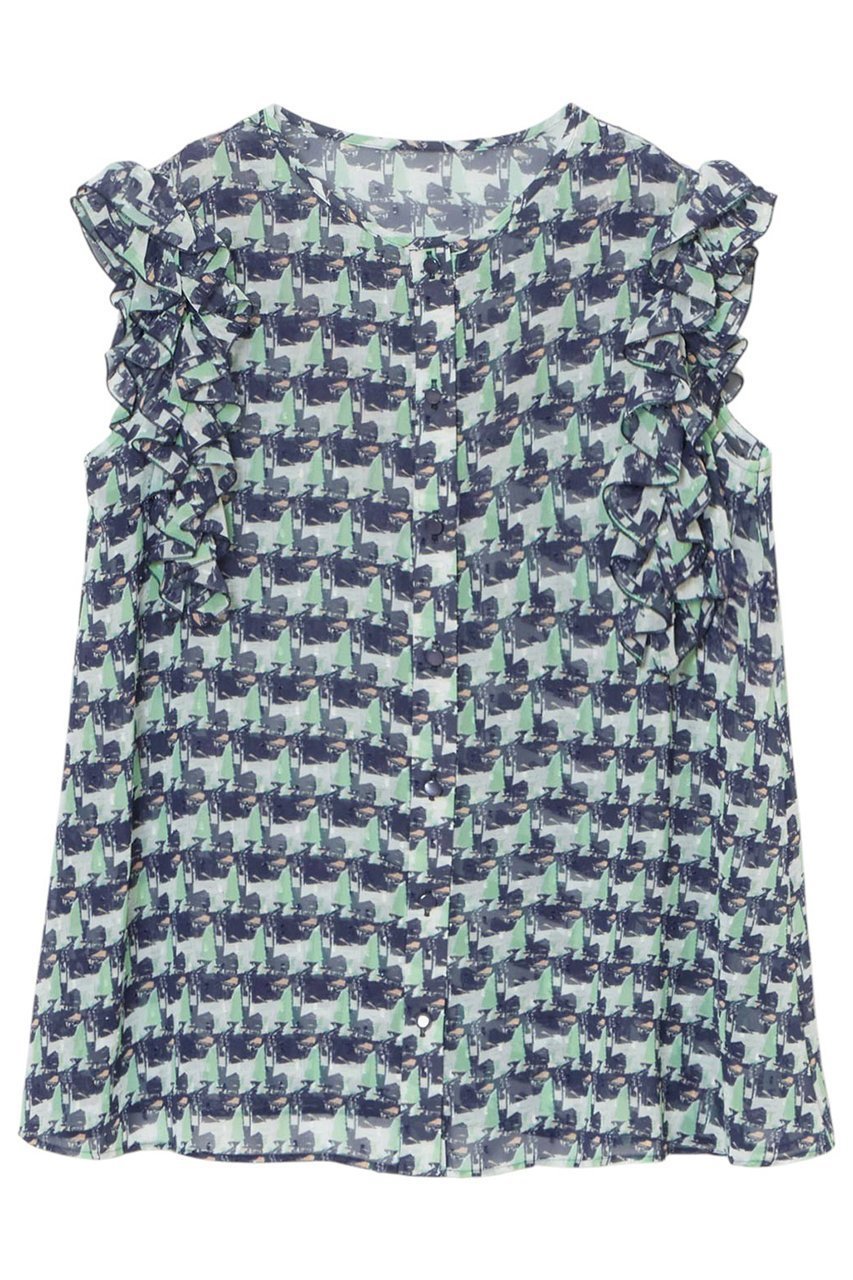 【アナイ/ANAYI】のreminiscenceプリント フリルブラウス インテリア・キッズ・メンズ・レディースファッション・服の通販 founy(ファニー) 　ファッション　Fashion　レディースファッション　Fashion for Women　トップス・カットソー　Cut & Sew Tops　キャミソール&ノースリーブ　Camisoles & Sleeveless Tops　シャツ・ブラウス・オフィスカジュアル　Elegant Blouses & Button-Ups　ノースリーブ　Sleeveless, No-Sleeve　バランス　Balance, Style Balance　フリル　Frill, Ruffle　プリント　Print, Printed Pattern　ボトム　Bottoms, Lower Wear　ネイビー|ID: prp329100004513438 ipo3291000000035724175