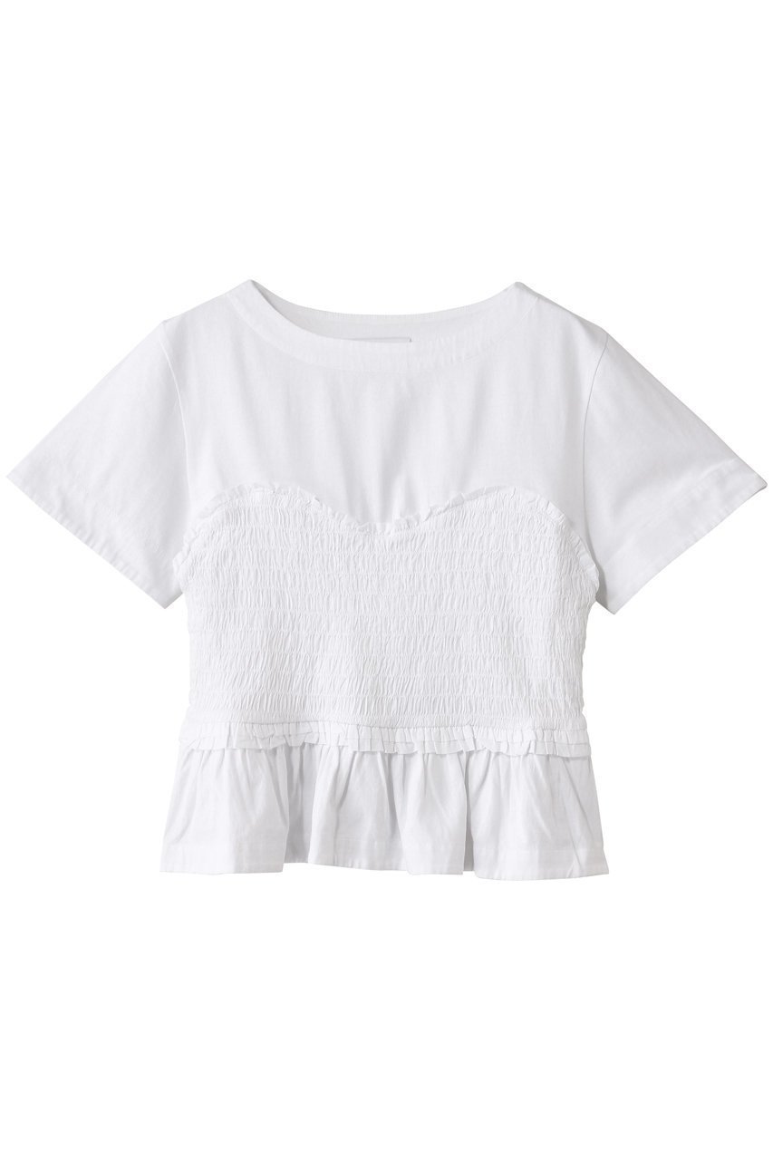 【マーレット/MERLETTE】のSHEL スモッキング刺しゅうドッキングカットソー インテリア・キッズ・メンズ・レディースファッション・服の通販 founy(ファニー) 　ファッション　Fashion　レディースファッション　Fashion for Women　トップス・カットソー　Cut & Sew Tops　シャツ・ブラウス・オフィスカジュアル　Elegant Blouses & Button-Ups　ロングTシャツ・Tシャツ　Longline T-Shirts & Tees　カットソー・ベーシックTシャツ　Cut-and-Sewn Tops / Stretch Tees & Basics　カットソー　Cut and Sewn Top　ショート　Short, Short Length　スモッキング　Smocking, Gathered Stitching　スリーブ　Sleeve, Long Sleeve / Short Sleeve　ドッキング　Docking, Mixed Material　フォルム　Silhouette, Form　ホワイト|ID: prp329100004513481 ipo3291000000032648455