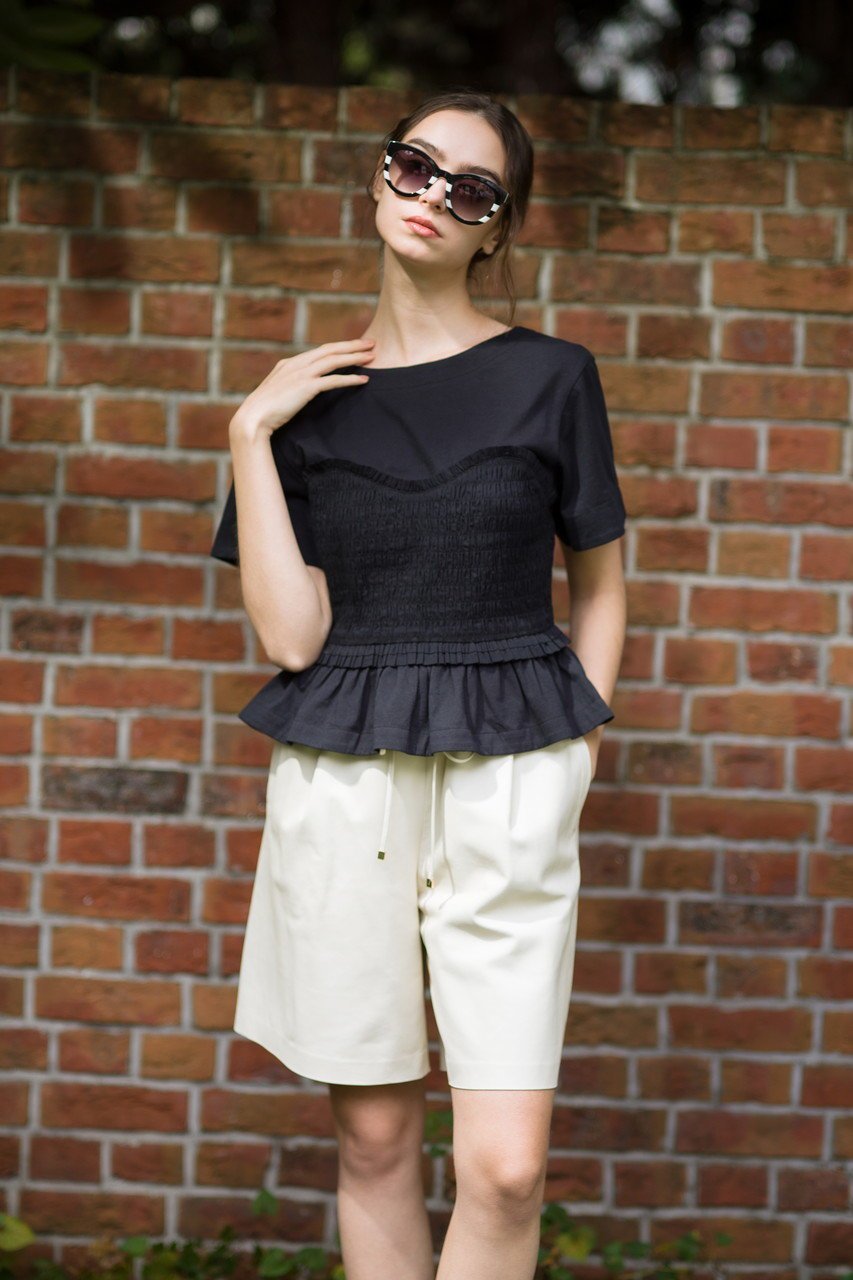 【マーレット/MERLETTE】のSHEL スモッキング刺しゅうドッキングカットソー 人気、トレンドファッション・服の通販 founy(ファニー) 　ファッション　Fashion　レディースファッション　Fashion for Women　トップス・カットソー　Cut & Sew Tops　シャツ・ブラウス・オフィスカジュアル　Elegant Blouses & Button-Ups　ロングTシャツ・Tシャツ　Longline T-Shirts & Tees　カットソー・ベーシックTシャツ　Cut-and-Sewn Tops / Stretch Tees & Basics　カットソー　Cut and Sewn Top　ショート　Short, Short Length　スモッキング　Smocking, Gathered Stitching　スリーブ　Sleeve, Long Sleeve / Short Sleeve　ドッキング　Docking, Mixed Material　フォルム　Silhouette, Form　other-7|ID: prp329100004513481 ipo3291000000032648463