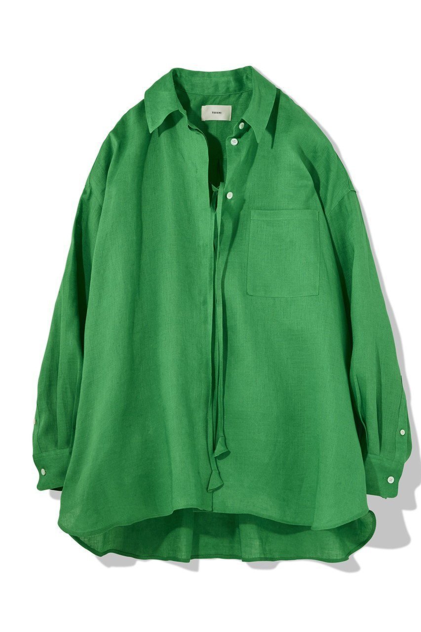 【ティーチ/TEECHI】のリボンリネンシャツ インテリア・キッズ・メンズ・レディースファッション・服の通販 founy(ファニー) 　ファッション　Fashion　レディースファッション　Fashion for Women　トップス・カットソー　Cut & Sew Tops　シャツ・ブラウス・オフィスカジュアル　Elegant Blouses & Button-Ups　スリーブ　Sleeve, Long Sleeve / Short Sleeve　メンズ　Men's, Menswear　モチーフ　Motif, Design Theme　リネン　Linen, Linen Fabric　ロング　Long, Long-Length　再入荷　Restock / Back in Stock　グリーン|ID: prp329100004514963 ipo3291000000035450577