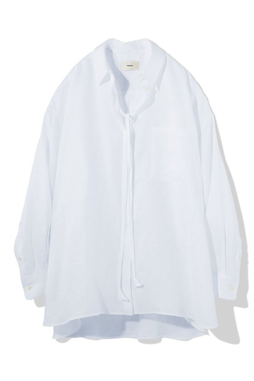 【ティーチ/TEECHI】のリボンリネンシャツ インテリア・キッズ・メンズ・レディースファッション・服の通販 founy(ファニー) 　ファッション　Fashion　レディースファッション　Fashion for Women　トップス・カットソー　Cut & Sew Tops　シャツ・ブラウス・オフィスカジュアル　Elegant Blouses & Button-Ups　スリーブ　Sleeve, Long Sleeve / Short Sleeve　メンズ　Men's, Menswear　モチーフ　Motif, Design Theme　リネン　Linen, Linen Fabric　ロング　Long, Long-Length　再入荷　Restock / Back in Stock　ブルー|ID: prp329100004514963 ipo3291000000035450579