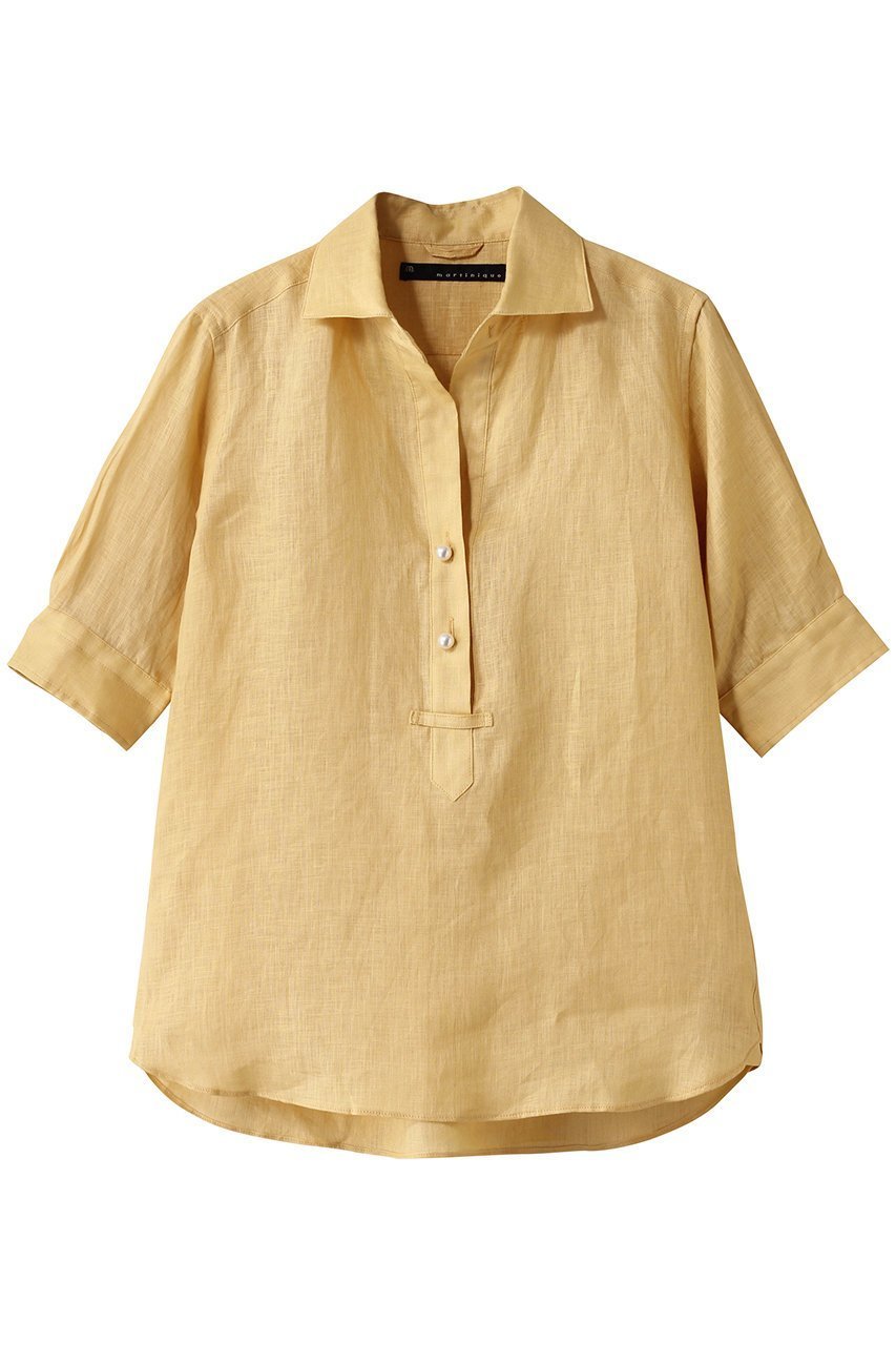 【マルティニーク/martinique】の《定番》五分袖パールスキッパーシャツ インテリア・キッズ・メンズ・レディースファッション・服の通販 founy(ファニー) ファッション Fashion レディースファッション Fashion for Women トップス・カットソー Cut & Sew Tops シャツ・ブラウス・オフィスカジュアル Elegant Blouses & Button-Ups スキッパー Skipper, Open Collar スリーブ Sleeve, Long Sleeve / Short Sleeve センター Center, Center Line デニム Denim, Jeans Material パール Pearl, Pearl Accent リネン Linen, Linen Fabric ロング Long, Long-Length 定番 Standard, Basic Item イエロー|ID: prp329100004514994 ipo3291000000036394796