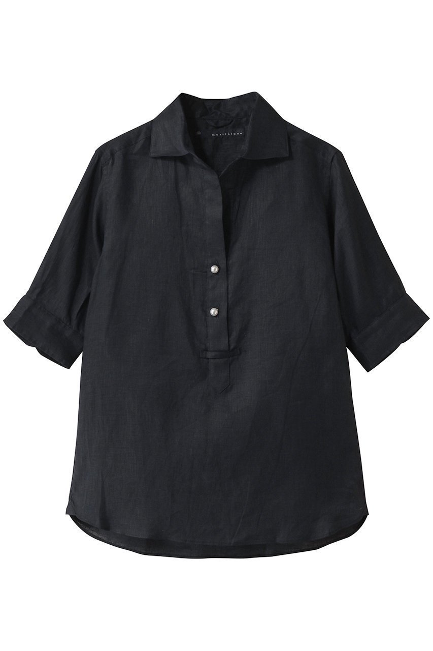 【マルティニーク/martinique】の《定番》五分袖パールスキッパーシャツ インテリア・キッズ・メンズ・レディースファッション・服の通販 founy(ファニー) ファッション Fashion レディースファッション Fashion for Women トップス・カットソー Cut & Sew Tops シャツ・ブラウス・オフィスカジュアル Elegant Blouses & Button-Ups スキッパー Skipper, Open Collar スリーブ Sleeve, Long Sleeve / Short Sleeve センター Center, Center Line デニム Denim, Jeans Material パール Pearl, Pearl Accent リネン Linen, Linen Fabric ロング Long, Long-Length 定番 Standard, Basic Item ネイビー|ID: prp329100004514994 ipo3291000000036394799