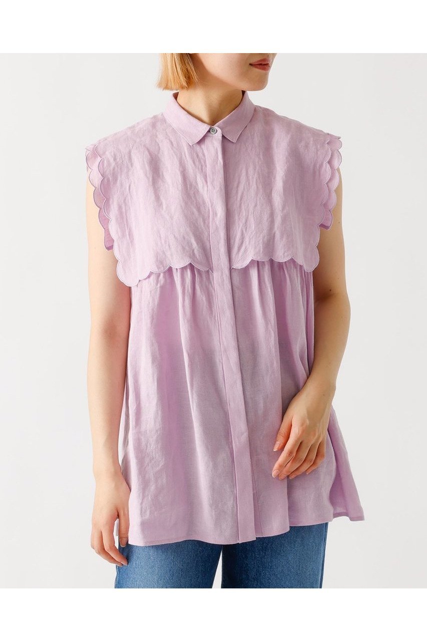 【デザイン ワークス/DESIGN WORKS】のリネンスカラップノースリーブシャツ インテリア・キッズ・メンズ・レディースファッション・服の通販 founy(ファニー) 　ファッション　Fashion　レディースファッション　WOMEN　トップス・カットソー　Tops/Tshirt　キャミソール / ノースリーブ　No Sleeves　シャツ/ブラウス　Shirts/Blouses　おすすめ　Recommend　ギャザー　Gather　シアー　Sheer　シンプル　Simple　スカラップ　Scalloped　ノースリーブ　No Sleeve　ボトム　Bottom　ヨーク　Yoke　リネン　Linen　NEW・新作・新着・新入荷　New Arrivals　ラベンダー|ID: prp329100004547667 ipo3291000000032137498