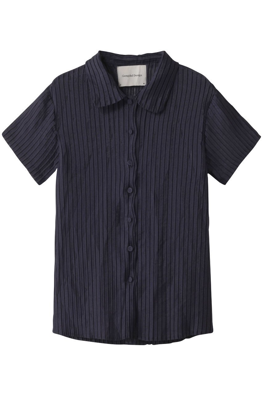 【エリオポール/heliopole】の【Gongdid Design】プリーテッドシャツ インテリア・キッズ・メンズ・レディースファッション・服の通販 founy(ファニー) 　ファッション　Fashion　レディースファッション　Fashion for Women　トップス・カットソー　Cut & Sew Tops　シャツ・ブラウス・オフィスカジュアル　Elegant Blouses & Button-Ups　おすすめ　Recommended / Our Picks　ショート　Short, Short Length　シンプル　Simple, Minimal　ストライプ　Stripe, Striped Pattern　スリーブ　Sleeve, Long Sleeve / Short Sleeve　プリーツ　Pleats, Pleated　旅行　Travel　ネイビー|ID: prp329100004551052 ipo3291000000032905767