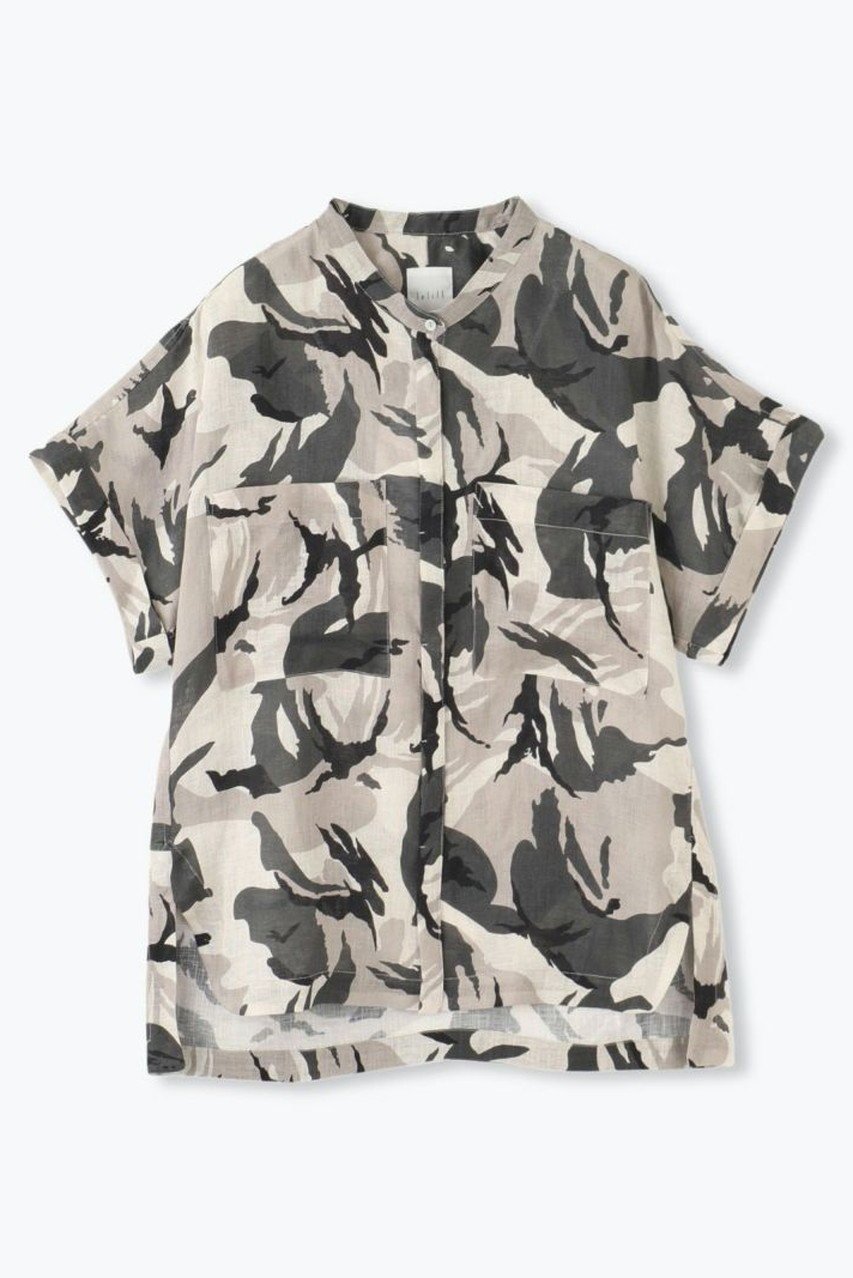【レリル/lelill】の迷彩シャツ インテリア・キッズ・メンズ・レディースファッション・服の通販 founy(ファニー) 　ファッション　Fashion　レディースファッション　Fashion for Women　トップス・カットソー　Cut & Sew Tops　シャツ・ブラウス・オフィスカジュアル　Elegant Blouses & Button-Ups　ショート　Short, Short Length　スリーブ　Sleeve, Long Sleeve / Short Sleeve　タフタ　Taffeta, Structured Fabric　プリント　Print, Printed Pattern　ボタニカル　Botanical, Floral Pattern　ミリタリー　Military, Army Style　リネン　Linen, Linen Fabric　グレー|ID: prp329100004557918 ipo3291000000035887509