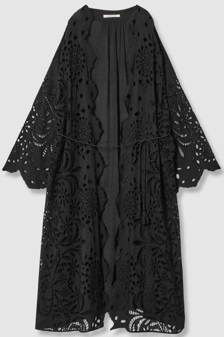 【ハウス オブ ロータス/HOUSE OF LOTUS】のシフリー刺繍ロングガウン インテリア・キッズ・メンズ・レディースファッション・服の通販 founy(ファニー) 　ファッション　Fashion　レディースファッション　Fashion for Women　トップス・カットソー　Cut & Sew Tops　シャツ・ブラウス・オフィスカジュアル　Elegant Blouses & Button-Ups　ガウン　Gown, Robe　シンプル　Simple, Minimal　スカラップ　Scallop, Scalloped Edge　スリーブ　Sleeve, Long Sleeve / Short Sleeve　タッセル　Tassel, Fringe　ボタニカル　Botanical, Floral Pattern　レース　Lace, Lace Fabric　ロング　Long, Long-Length　ワーク　Workwear, Utility Style　ブラック|ID: prp329100004559120 ipo3291000000034952350