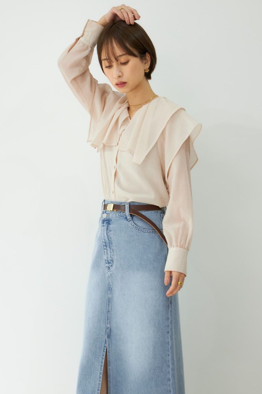 【エストラータ/STRATA】のシアーフリルブラウス 人気、トレンドファッション・服の通販 founy(ファニー) 　ファッション　Fashion　レディースファッション　Fashion for Women　トップス・カットソー　Cut & Sew Tops　シャツ・ブラウス・オフィスカジュアル　Elegant Blouses & Button-Ups　おすすめ　Recommended / Our Picks　サマー　Summer, Summer Style　シアー　Sheer, See-Through　シンプル　Simple, Minimal　スリーブ　Sleeve, Long Sleeve / Short Sleeve　デニム　Denim, Jeans Material　バランス　Balance, Style Balance　フェミニン　Feminine, Girly　フリル　Frill, Ruffle　フレア　Flare, Flared　ボトム　Bottoms, Lower Wear　ロング　Long, Long-Length　other-6|ID: prp329100004560490 ipo3291000000032812154