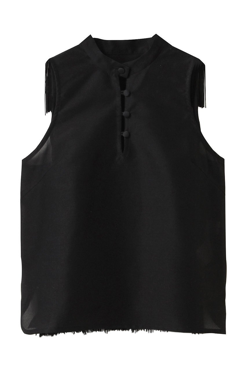 【ティーチ/TEECHI】のフリンジバックブラウス インテリア・キッズ・メンズ・レディースファッション・服の通販 founy(ファニー) 　ファッション　Fashion　レディースファッション　Fashion for Women　トップス・カットソー　Cut & Sew Tops　キャミソール&ノースリーブ　Camisoles & Sleeveless Tops　シャツ・ブラウス・オフィスカジュアル　Elegant Blouses & Button-Ups　バッグ　Bags　おすすめ　Recommended / Our Picks　スタンド　Stand Collar, Upright Stand　デニム　Denim, Jeans Material　ノースリーブ　Sleeveless, No-Sleeve　フレア　Flare, Flared　ボトム　Bottoms, Lower Wear　無地　Plain, Solid Color　ブラック|ID: prp329100004563664 ipo3291000000035488095