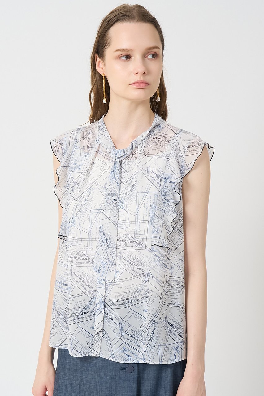 【アナイ/ANAYI】のチケットプリントボウタイ ブラウス 人気、トレンドファッション・服の通販 founy(ファニー) 　ファッション　Fashion　レディースファッション　Fashion for Women　トップス・カットソー　Cut & Sew Tops　キャミソール&ノースリーブ　Camisoles & Sleeveless Tops　シャツ・ブラウス・オフィスカジュアル　Elegant Blouses & Button-Ups　シフォン　Chiffon, Lightweight Fabric　ノースリーブ　Sleeveless, No-Sleeve　プリント　Print, Printed Pattern　ラッフル　Ruffle, Frill　エレガント 上品　Elegant　other-7|ID: prp329100004565347 ipo3291000000034886206
