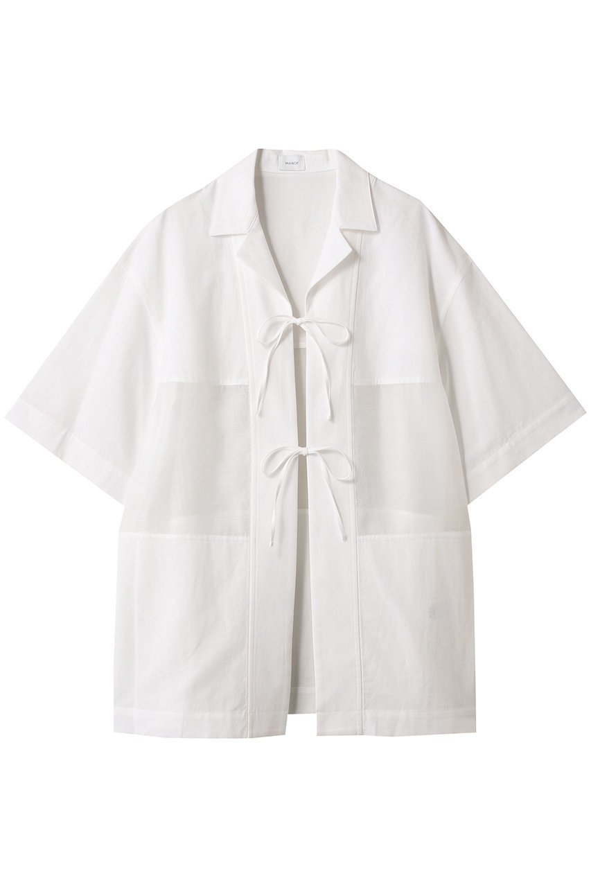 【マノフ/MANOF】のLINEN SHEER DOCKING/シャツ インテリア・キッズ・メンズ・レディースファッション・服の通販 founy(ファニー) 　ファッション　Fashion　レディースファッション　Fashion for Women　トップス・カットソー　Cut & Sew Tops　シャツ・ブラウス・オフィスカジュアル　Elegant Blouses & Button-Ups　サテン　Satin, Glossy Fabric　ショート　Short, Short Length　スリーブ　Sleeve, Long Sleeve / Short Sleeve　フロント　Front, Front Design　リネン　Linen, Linen Fabric　リボン　Ribbon, Bow　ワイド　Wide, Wide Fit　WHITE|ID: prp329100004568679 ipo3291000000035551723