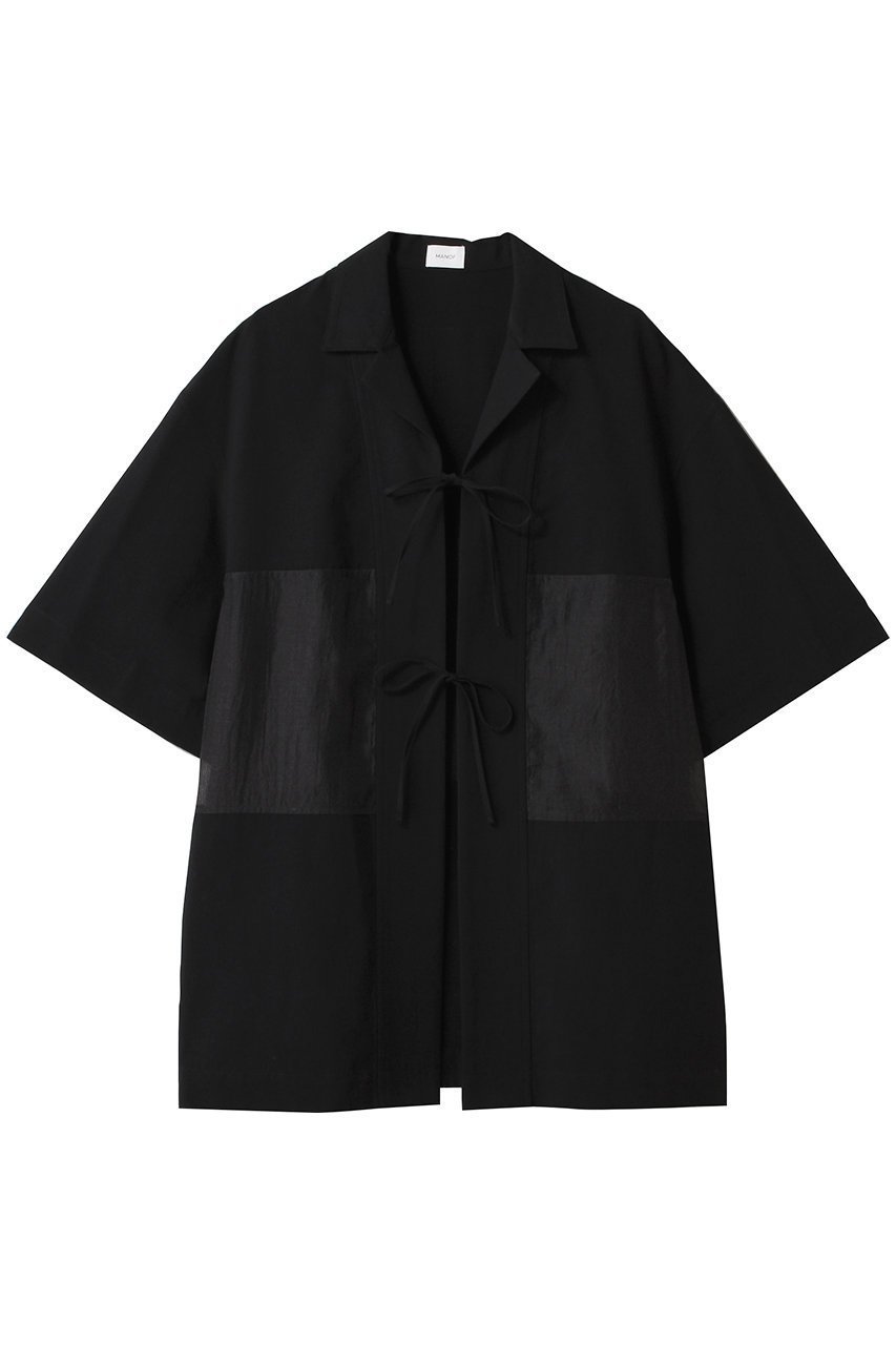 【マノフ/MANOF】のLINEN SHEER DOCKING/シャツ インテリア・キッズ・メンズ・レディースファッション・服の通販 founy(ファニー) 　ファッション　Fashion　レディースファッション　Fashion for Women　トップス・カットソー　Cut & Sew Tops　シャツ・ブラウス・オフィスカジュアル　Elegant Blouses & Button-Ups　サテン　Satin, Glossy Fabric　ショート　Short, Short Length　スリーブ　Sleeve, Long Sleeve / Short Sleeve　フロント　Front, Front Design　リネン　Linen, Linen Fabric　リボン　Ribbon, Bow　ワイド　Wide, Wide Fit　BLACK|ID: prp329100004568679 ipo3291000000035551724