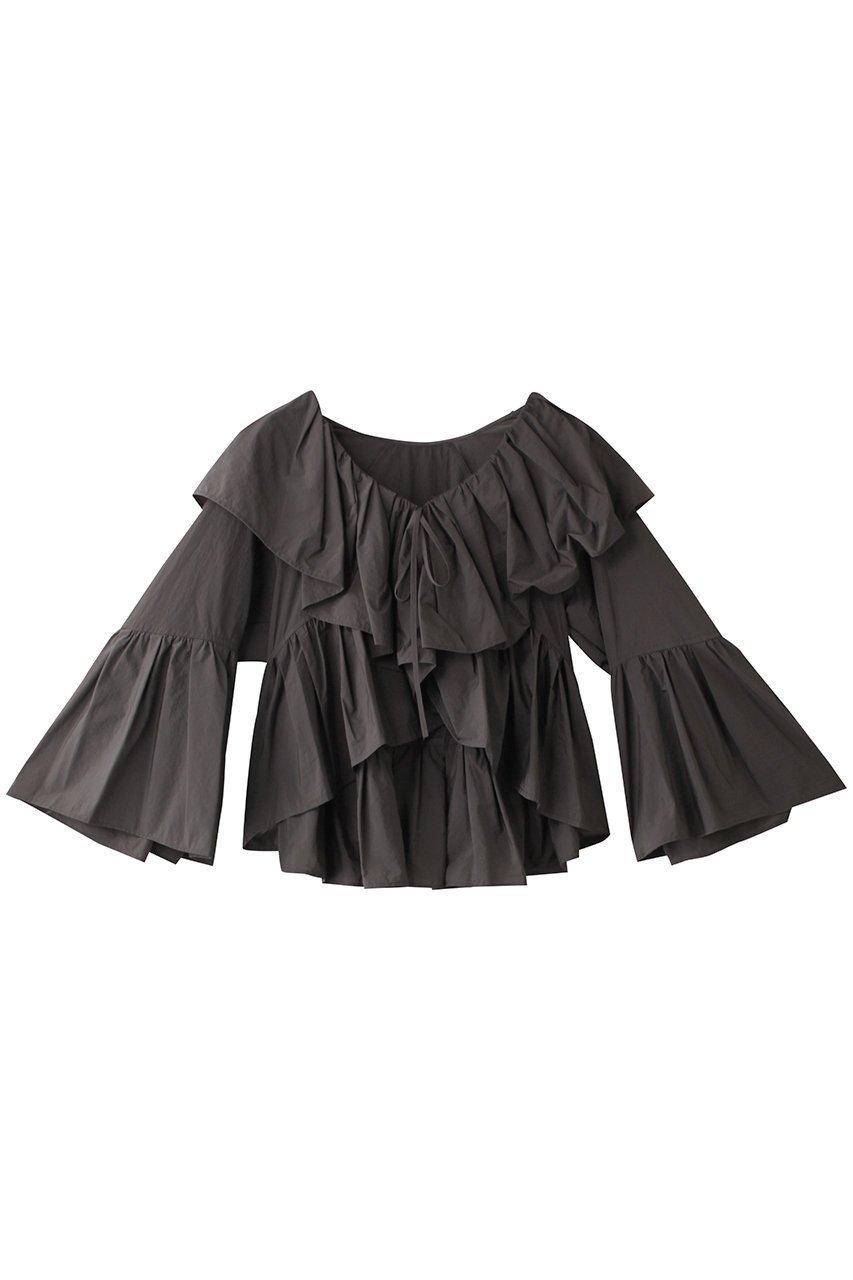 【ランバン オン ブルー/LANVIN en Bleu】のはっ水ナイロンラッフルブラウス インテリア・キッズ・メンズ・レディースファッション・服の通販 founy(ファニー) 　ファッション　Fashion　レディースファッション　Fashion for Women　トップス・カットソー　Cut & Sew Tops　シャツ・ブラウス・オフィスカジュアル　Elegant Blouses & Button-Ups　ショート　Short, Short Length　スリーブ　Sleeve, Long Sleeve / Short Sleeve　フレア　Flare, Flared　ロング　Long, Long-Length　チャコールグレー|ID: prp329100004570080 ipo3291000000036082912