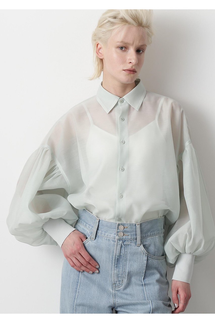 【ヒューエルミュージアム/hueLe Museum】の【STUMBLY】Sheer Volume Sleeve Shirt インテリア・キッズ・メンズ・レディースファッション・服の通販 founy(ファニー) 　ファッション　Fashion　レディースファッション　Fashion for Women　トップス・カットソー　Cut & Sew Tops　シャツ・ブラウス・オフィスカジュアル　Elegant Blouses & Button-Ups　ボリューム袖・フリルスリーブブラウス　Voluminous & Ruffle Sleeves / Puffy Sleeve Tops　ギャザー　Gathered, Ruffled　スリーブ　Sleeve, Long Sleeve / Short Sleeve　ドロップ　Drop Shoulder, Dropped Style　フォルム　Silhouette, Form　ロング　Long, Long-Length　エレガント 上品　Elegant　ライトグリーン|ID: prp329100004570162 ipo3291000000032809546