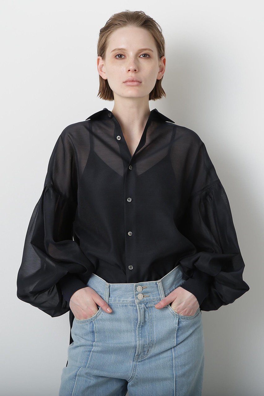 【ヒューエルミュージアム/hueLe Museum】の【STUMBLY】Sheer Volume Sleeve Shirt インテリア・キッズ・メンズ・レディースファッション・服の通販 founy(ファニー) 　ファッション　Fashion　レディースファッション　Fashion for Women　トップス・カットソー　Cut & Sew Tops　シャツ・ブラウス・オフィスカジュアル　Elegant Blouses & Button-Ups　ボリューム袖・フリルスリーブブラウス　Voluminous & Ruffle Sleeves / Puffy Sleeve Tops　ギャザー　Gathered, Ruffled　スリーブ　Sleeve, Long Sleeve / Short Sleeve　ドロップ　Drop Shoulder, Dropped Style　フォルム　Silhouette, Form　ロング　Long, Long-Length　エレガント 上品　Elegant　ネイビー|ID: prp329100004570162 ipo3291000000032809547