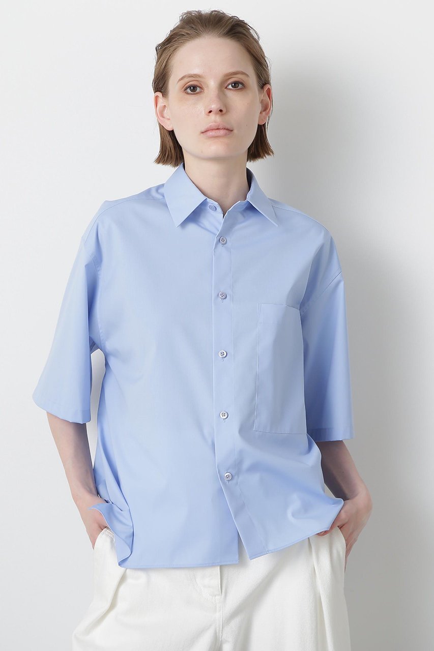 【ヒューエルミュージアム/hueLe Museum】の【STUMBLY】Half Sleeve Shirt インテリア・キッズ・メンズ・レディースファッション・服の通販 founy(ファニー) 　ファッション　Fashion　レディースファッション　Fashion for Women　トップス・カットソー　Cut & Sew Tops　シャツ・ブラウス・オフィスカジュアル　Elegant Blouses & Button-Ups　ショート　Short, Short Length　シンプル　Simple, Minimal　スリーブ　Sleeve, Long Sleeve / Short Sleeve　タイプライター　Typewriter Fabric, Crisp Cotton　ブルー|ID: prp329100004570163 ipo3291000000032809557