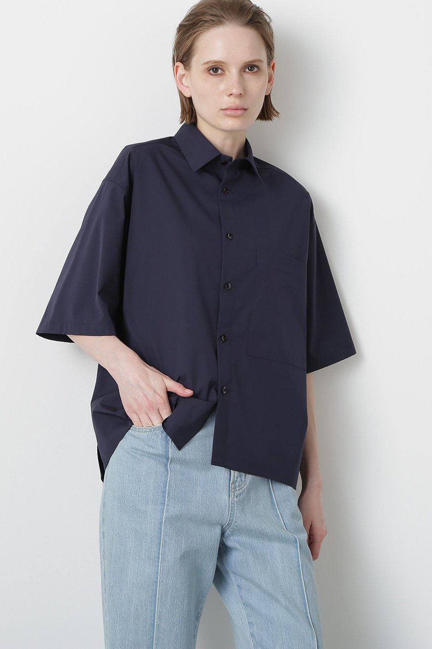 【ヒューエルミュージアム/hueLe Museum】の【STUMBLY】Half Sleeve Shirt インテリア・キッズ・メンズ・レディースファッション・服の通販 founy(ファニー) 　ファッション　Fashion　レディースファッション　Fashion for Women　トップス・カットソー　Cut & Sew Tops　シャツ・ブラウス・オフィスカジュアル　Elegant Blouses & Button-Ups　ショート　Short, Short Length　シンプル　Simple, Minimal　スリーブ　Sleeve, Long Sleeve / Short Sleeve　タイプライター　Typewriter Fabric, Crisp Cotton　ネイビー|ID: prp329100004570163 ipo3291000000032809558