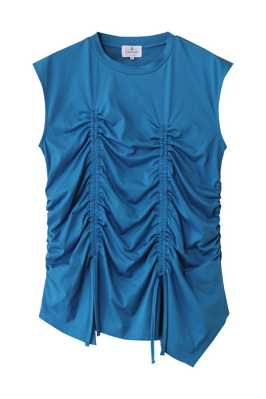 【ランバン オン ブルー/LANVIN en Bleu】のドロストギャザーノースリーブカットソー インテリア・キッズ・メンズ・レディースファッション・服の通販 founy(ファニー) 　ファッション　Fashion　レディースファッション　Fashion for Women　トップス・カットソー　Cut & Sew Tops　キャミソール&ノースリーブ　Camisoles & Sleeveless Tops　シャツ・ブラウス・オフィスカジュアル　Elegant Blouses & Button-Ups　ロングTシャツ・Tシャツ　Longline T-Shirts & Tees　カットソー・ベーシックTシャツ　Cut-and-Sewn Tops / Stretch Tees & Basics　アシンメトリー　Asymmetrical Style　イレギュラー　Irregular Design　キャミソール　Camisole, Spaghetti Strap Top　ギャザー　Gathered, Ruffled　タンク　Tank Top, Sleeveless Top　バランス　Balance, Style Balance　無地　Plain, Solid Color　ブルー|ID: prp329100004571522 ipo3291000000036200974