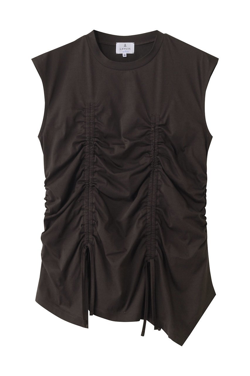【ランバン オン ブルー/LANVIN en Bleu】のドロストギャザーノースリーブカットソー インテリア・キッズ・メンズ・レディースファッション・服の通販 founy(ファニー) 　ファッション　Fashion　レディースファッション　Fashion for Women　トップス・カットソー　Cut & Sew Tops　キャミソール&ノースリーブ　Camisoles & Sleeveless Tops　シャツ・ブラウス・オフィスカジュアル　Elegant Blouses & Button-Ups　ロングTシャツ・Tシャツ　Longline T-Shirts & Tees　カットソー・ベーシックTシャツ　Cut-and-Sewn Tops / Stretch Tees & Basics　アシンメトリー　Asymmetrical Style　イレギュラー　Irregular Design　キャミソール　Camisole, Spaghetti Strap Top　ギャザー　Gathered, Ruffled　タンク　Tank Top, Sleeveless Top　バランス　Balance, Style Balance　無地　Plain, Solid Color　ブラウン|ID: prp329100004571522 ipo3291000000036200975