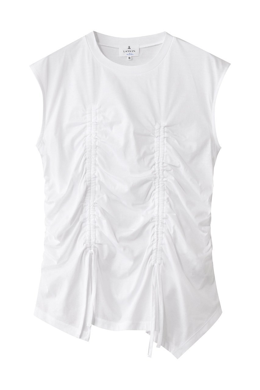 【ランバン オン ブルー/LANVIN en Bleu】のドロストギャザーノースリーブカットソー インテリア・キッズ・メンズ・レディースファッション・服の通販 founy(ファニー) 　ファッション　Fashion　レディースファッション　Fashion for Women　トップス・カットソー　Cut & Sew Tops　キャミソール&ノースリーブ　Camisoles & Sleeveless Tops　シャツ・ブラウス・オフィスカジュアル　Elegant Blouses & Button-Ups　ロングTシャツ・Tシャツ　Longline T-Shirts & Tees　カットソー・ベーシックTシャツ　Cut-and-Sewn Tops / Stretch Tees & Basics　アシンメトリー　Asymmetrical Style　イレギュラー　Irregular Design　キャミソール　Camisole, Spaghetti Strap Top　ギャザー　Gathered, Ruffled　タンク　Tank Top, Sleeveless Top　バランス　Balance, Style Balance　無地　Plain, Solid Color　オフ|ID: prp329100004571522 ipo3291000000036200976