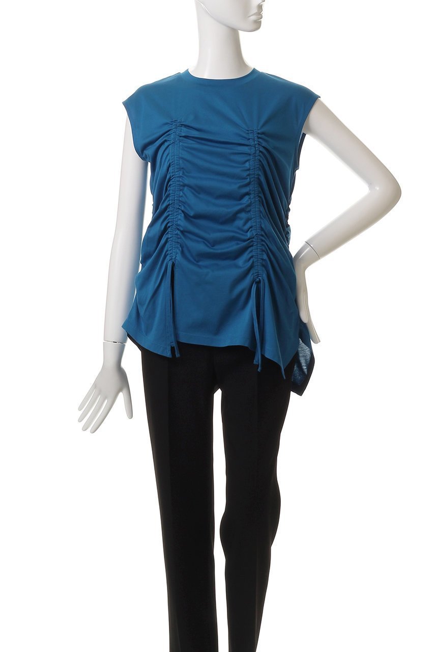 【ランバン オン ブルー/LANVIN en Bleu】のドロストギャザーノースリーブカットソー 人気、トレンドファッション・服の通販 founy(ファニー) 　ファッション　Fashion　レディースファッション　Fashion for Women　トップス・カットソー　Cut & Sew Tops　キャミソール&ノースリーブ　Camisoles & Sleeveless Tops　シャツ・ブラウス・オフィスカジュアル　Elegant Blouses & Button-Ups　ロングTシャツ・Tシャツ　Longline T-Shirts & Tees　カットソー・ベーシックTシャツ　Cut-and-Sewn Tops / Stretch Tees & Basics　アシンメトリー　Asymmetrical Style　イレギュラー　Irregular Design　キャミソール　Camisole, Spaghetti Strap Top　ギャザー　Gathered, Ruffled　タンク　Tank Top, Sleeveless Top　バランス　Balance, Style Balance　無地　Plain, Solid Color　other-2|ID: prp329100004571522 ipo3291000000036200978