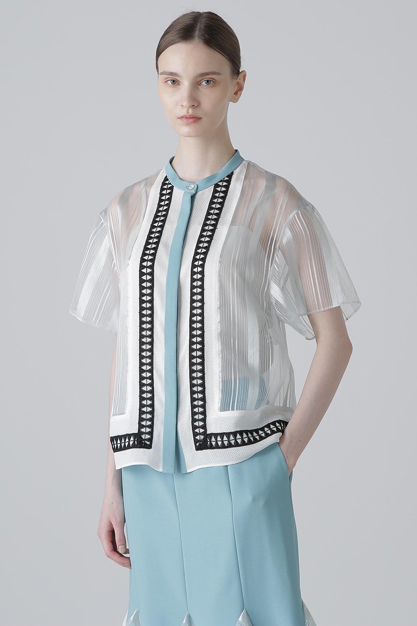 【アドーア/ADORE】のシアーストライプブラウス 人気、トレンドファッション・服の通販 founy(ファニー) 　ファッション　Fashion　レディースファッション　Fashion for Women　トップス・カットソー　Cut & Sew Tops　シャツ・ブラウス・オフィスカジュアル　Elegant Blouses & Button-Ups　シアー　Sheer, See-Through　ショート　Short, Short Length　ストライプ　Stripe, Striped Pattern　スリーブ　Sleeve, Long Sleeve / Short Sleeve　フロント　Front, Front Design　ブライト　Bright, Shiny　レース　Lace, Lace Fabric　再入荷　Restock / Back in Stock　半袖　Short Sleeve, Half Sleeve　other-2|ID: prp329100004571584 ipo3291000000032814248