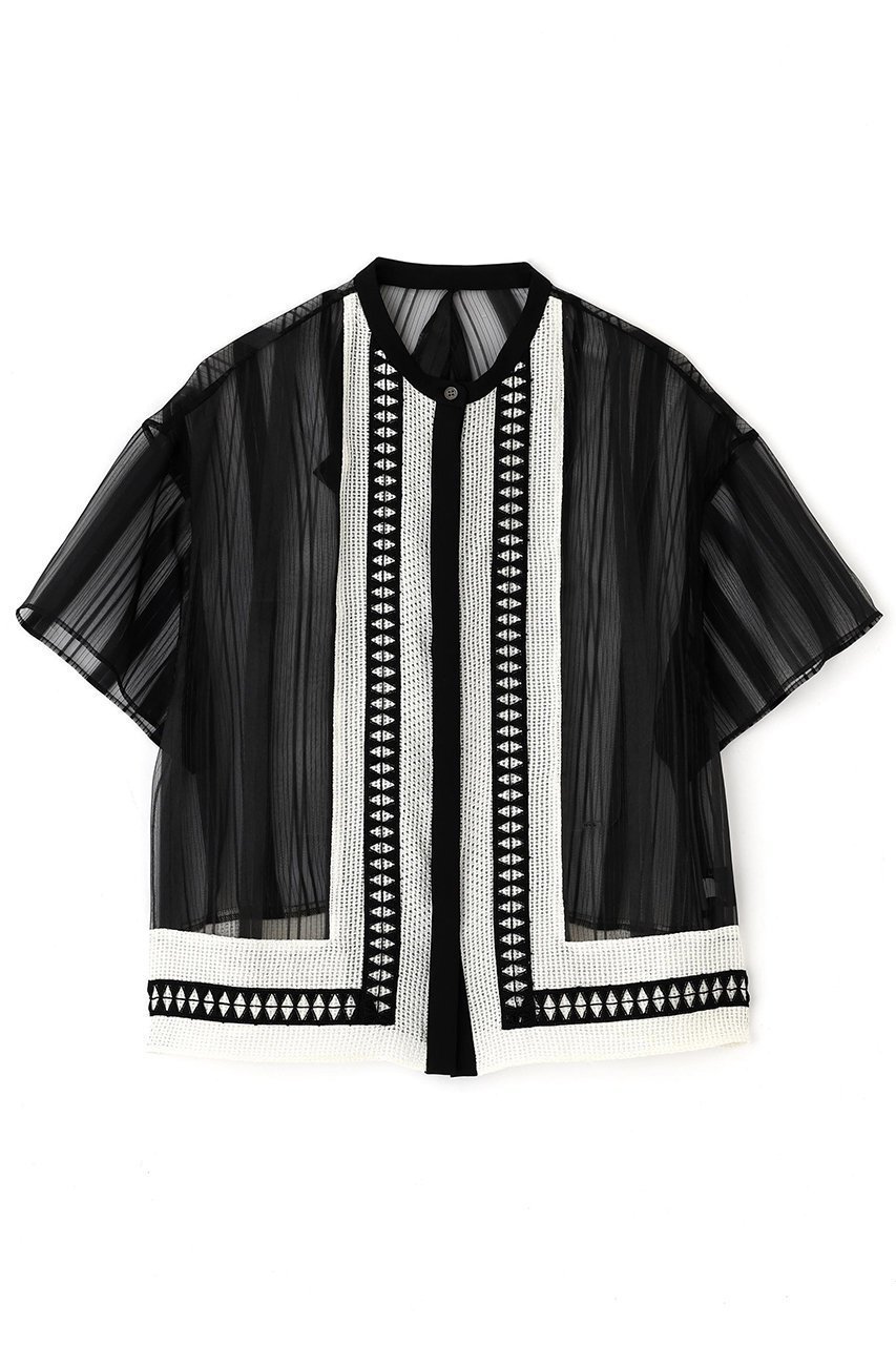 【アドーア/ADORE】のシアーストライプブラウス インテリア・キッズ・メンズ・レディースファッション・服の通販 founy(ファニー) 　ファッション　Fashion　レディースファッション　Fashion for Women　トップス・カットソー　Cut & Sew Tops　シャツ・ブラウス・オフィスカジュアル　Elegant Blouses & Button-Ups　シアー　Sheer, See-Through　ショート　Short, Short Length　ストライプ　Stripe, Striped Pattern　スリーブ　Sleeve, Long Sleeve / Short Sleeve　フロント　Front, Front Design　ブライト　Bright, Shiny　レース　Lace, Lace Fabric　半袖　Short Sleeve, Half Sleeve　ブラック|ID: prp329100004571584 ipo3291000000035062982