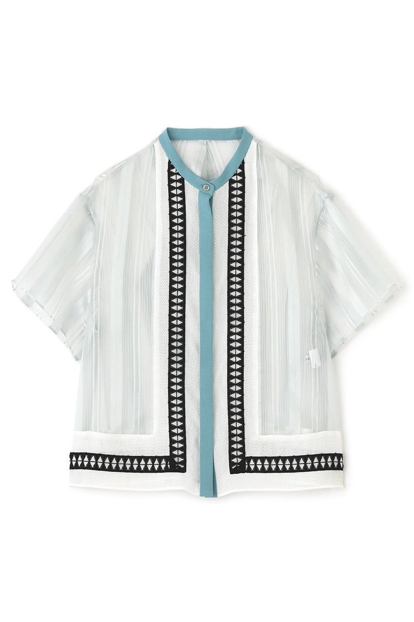 【アドーア/ADORE】のシアーストライプブラウス インテリア・キッズ・メンズ・レディースファッション・服の通販 founy(ファニー) 　ファッション　Fashion　レディースファッション　Fashion for Women　トップス・カットソー　Cut & Sew Tops　シャツ・ブラウス・オフィスカジュアル　Elegant Blouses & Button-Ups　シアー　Sheer, See-Through　ショート　Short, Short Length　ストライプ　Stripe, Striped Pattern　スリーブ　Sleeve, Long Sleeve / Short Sleeve　フロント　Front, Front Design　ブライト　Bright, Shiny　レース　Lace, Lace Fabric　半袖　Short Sleeve, Half Sleeve　ブルー|ID: prp329100004571584 ipo3291000000035062983