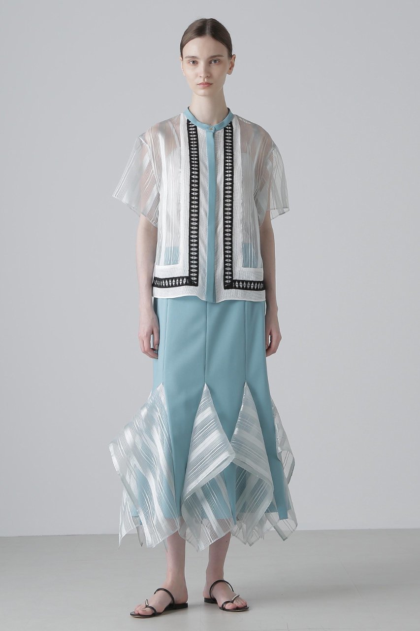 【アドーア/ADORE】のシアーストライプブラウス 人気、トレンドファッション・服の通販 founy(ファニー) 　ファッション　Fashion　レディースファッション　Fashion for Women　トップス・カットソー　Cut & Sew Tops　シャツ・ブラウス・オフィスカジュアル　Elegant Blouses & Button-Ups　シアー　Sheer, See-Through　ショート　Short, Short Length　ストライプ　Stripe, Striped Pattern　スリーブ　Sleeve, Long Sleeve / Short Sleeve　フロント　Front, Front Design　ブライト　Bright, Shiny　レース　Lace, Lace Fabric　半袖　Short Sleeve, Half Sleeve　other-3|ID: prp329100004571584 ipo3291000000035923108