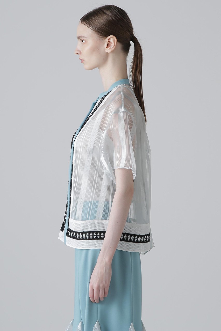 【アドーア/ADORE】のシアーストライプブラウス 人気、トレンドファッション・服の通販 founy(ファニー) 　ファッション　Fashion　レディースファッション　Fashion for Women　トップス・カットソー　Cut & Sew Tops　シャツ・ブラウス・オフィスカジュアル　Elegant Blouses & Button-Ups　シアー　Sheer, See-Through　ショート　Short, Short Length　ストライプ　Stripe, Striped Pattern　スリーブ　Sleeve, Long Sleeve / Short Sleeve　フロント　Front, Front Design　ブライト　Bright, Shiny　レース　Lace, Lace Fabric　半袖　Short Sleeve, Half Sleeve　other-4|ID: prp329100004571584 ipo3291000000035923109