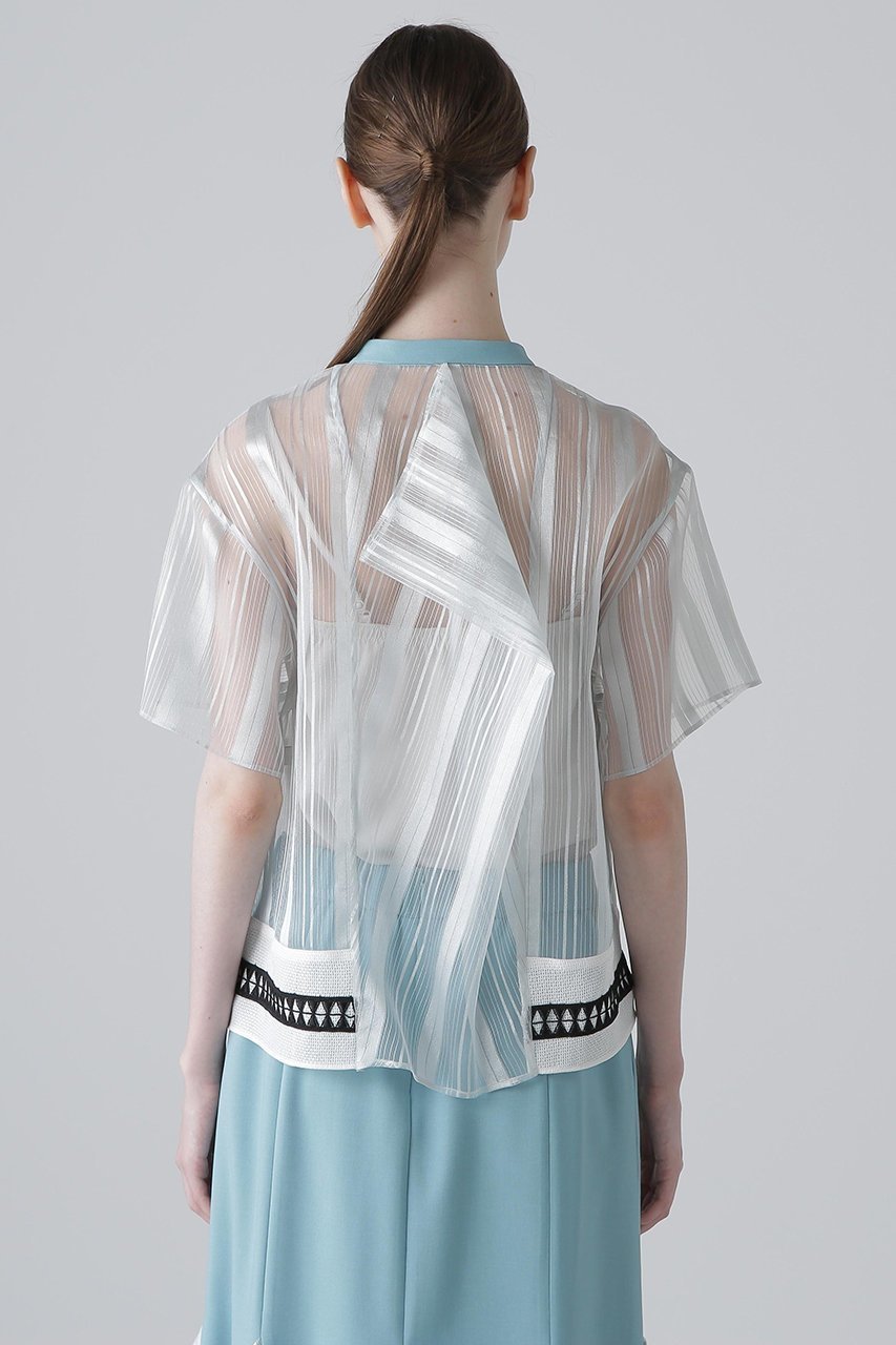 【アドーア/ADORE】のシアーストライプブラウス 人気、トレンドファッション・服の通販 founy(ファニー) 　ファッション　Fashion　レディースファッション　Fashion for Women　トップス・カットソー　Cut & Sew Tops　シャツ・ブラウス・オフィスカジュアル　Elegant Blouses & Button-Ups　シアー　Sheer, See-Through　ショート　Short, Short Length　ストライプ　Stripe, Striped Pattern　スリーブ　Sleeve, Long Sleeve / Short Sleeve　フロント　Front, Front Design　ブライト　Bright, Shiny　レース　Lace, Lace Fabric　半袖　Short Sleeve, Half Sleeve　other-5|ID: prp329100004571584 ipo3291000000035923110