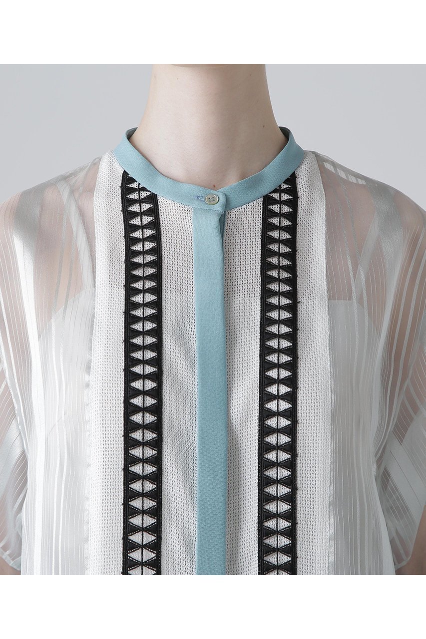 【アドーア/ADORE】のシアーストライプブラウス 人気、トレンドファッション・服の通販 founy(ファニー) 　ファッション　Fashion　レディースファッション　Fashion for Women　トップス・カットソー　Cut & Sew Tops　シャツ・ブラウス・オフィスカジュアル　Elegant Blouses & Button-Ups　シアー　Sheer, See-Through　ショート　Short, Short Length　ストライプ　Stripe, Striped Pattern　スリーブ　Sleeve, Long Sleeve / Short Sleeve　フロント　Front, Front Design　ブライト　Bright, Shiny　レース　Lace, Lace Fabric　半袖　Short Sleeve, Half Sleeve　other-6|ID: prp329100004571584 ipo3291000000035923111