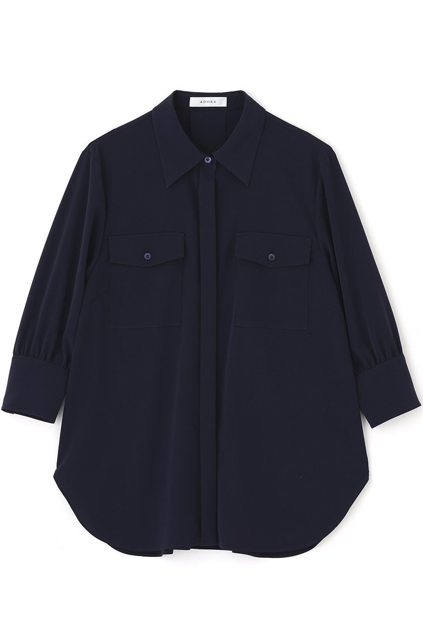 【アドーア/ADORE】のストレッチデシンブラウス インテリア・キッズ・メンズ・レディースファッション・服の通販 founy(ファニー) 　ファッション　Fashion　レディースファッション　WOMEN　トップス・カットソー　Tops/Tshirt　シャツ/ブラウス　Shirts/Blouses　なめらか　Smooth　コンパクト　Compact　ショート　Short　ストレッチ　Stretch　スリーブ　Sleeve　ドレープ　Drape　ポケット　Pocket　エレガント 上品　Elegant　NEW・新作・新着・新入荷　New Arrivals　ネイビー|ID: prp329100004571589 ipo3291000000032347817