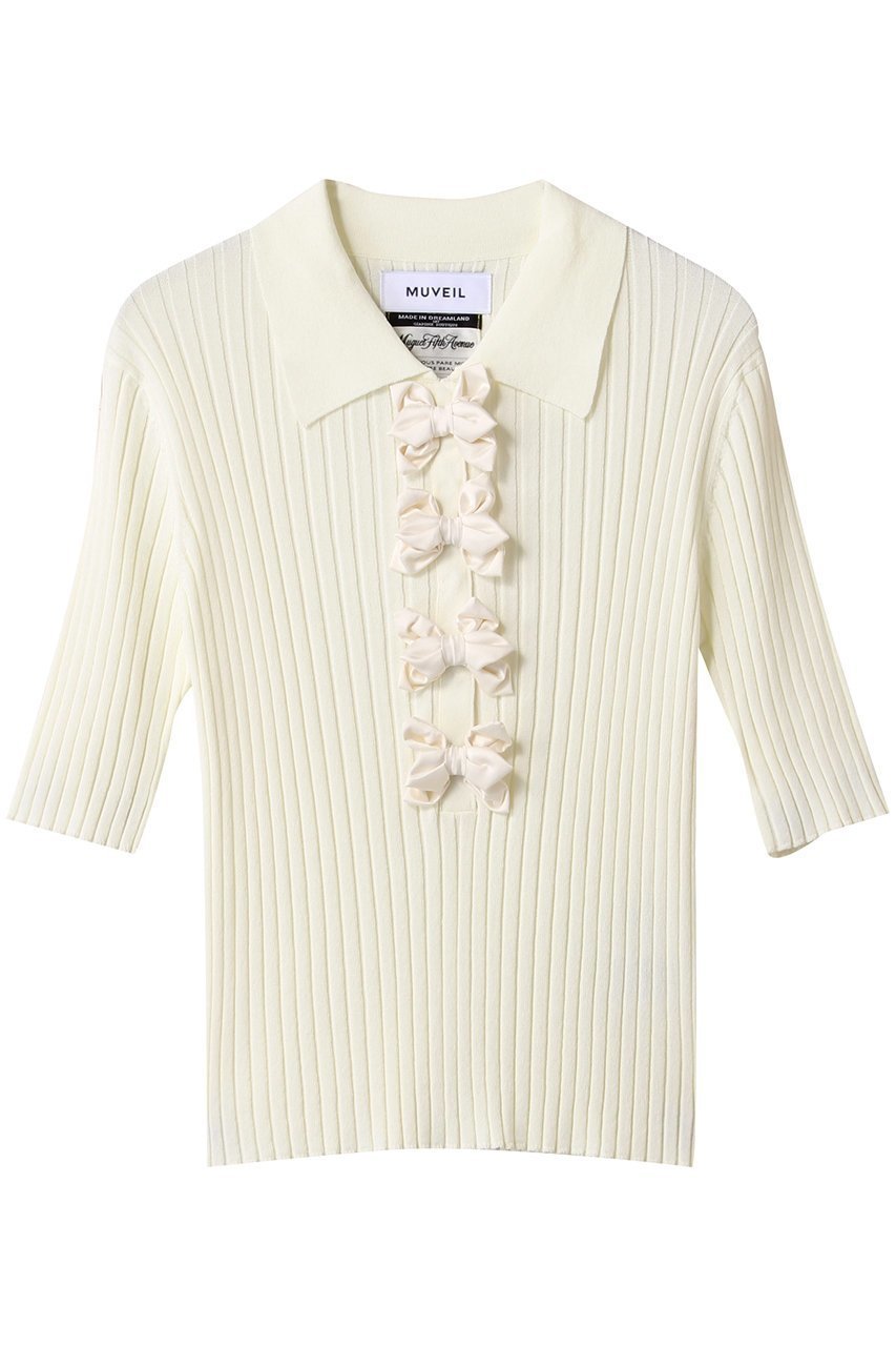【ミュベール/MUVEIL】のリボン付きポロプルオーバー 人気、トレンドファッション・服の通販 founy(ファニー) 　ファッション　Fashion　レディースファッション　Fashion for Women　トップス・カットソー　Cut & Sew Tops　ニット　Knit Tops & Sweaters　カジュアルプルオーバー・ニットトップス　Pullovers & Knit Tops / Casual Pullovers　コンパクト　Compact, Small Size　サテン　Satin, Glossy Fabric　ハンド　Hand, Handmade　フロント　Front, Front Design　ボトム　Bottoms, Lower Wear　リボン　Ribbon, Bow　ワイドリブ　Wide Rib, Wide Ribbed Knit　 other-1|ID: prp329100004575712 ipo3291000000035340781