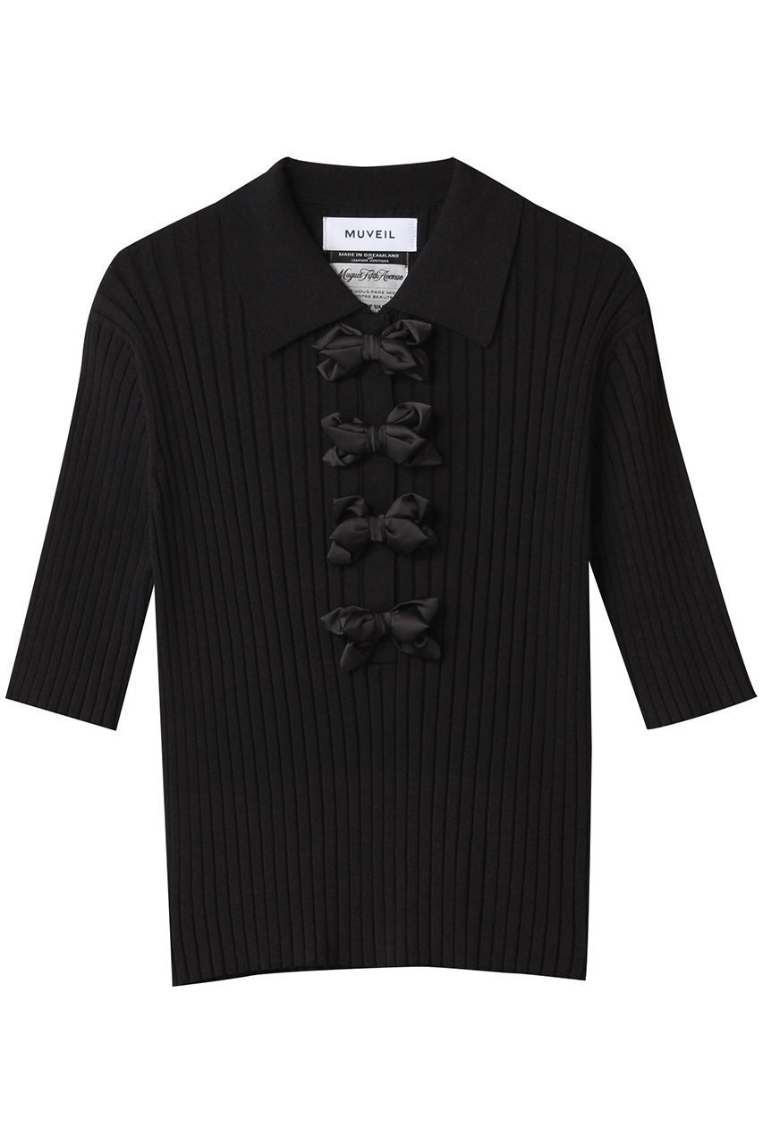 【ミュベール/MUVEIL】のリボン付きポロプルオーバー インテリア・キッズ・メンズ・レディースファッション・服の通販 founy(ファニー) 　ファッション　Fashion　レディースファッション　Fashion for Women　トップス・カットソー　Cut & Sew Tops　ニット　Knit Tops & Sweaters　カジュアルプルオーバー・ニットトップス　Pullovers & Knit Tops / Casual Pullovers　コンパクト　Compact, Small Size　サテン　Satin, Glossy Fabric　ハンド　Hand, Handmade　フロント　Front, Front Design　ボトム　Bottoms, Lower Wear　リボン　Ribbon, Bow　ワイドリブ　Wide Rib, Wide Ribbed Knit　ブラック|ID: prp329100004575712 ipo3291000000035340787