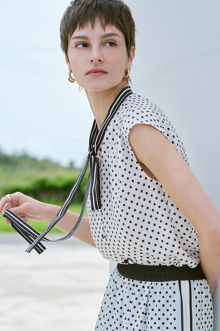 【アルアバイル/allureville】のパネルドットプリントボウタイブラウス 人気、トレンドファッション・服の通販 founy(ファニー) 　ファッション　Fashion　レディースファッション　Fashion for Women　トップス・カットソー　Cut & Sew Tops　キャミソール&ノースリーブ　Camisoles & Sleeveless Tops　シャツ・ブラウス・オフィスカジュアル　Elegant Blouses & Button-Ups　おすすめ　Recommended / Our Picks　ストライプ　Stripe, Striped Pattern　セットアップ　Set-Up, Coordinated Outfit　ドット　Polka Dot, Dot Pattern　ノースリーブ　Sleeveless, No-Sleeve　夏　Summer　other-6|ID: prp329100004576663 ipo3291000000035661279