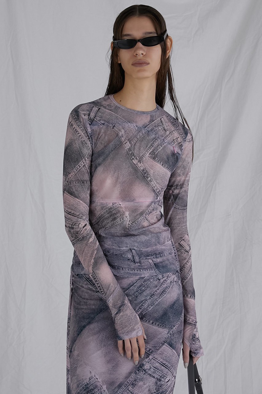 【プランク プロジェクト/PRANK PROJECT】のデニムプリントスキントップ / Denim Printed Skin Top 人気、トレンドファッション・服の通販 founy(ファニー) 　ファッション　Fashion　レディースファッション　Fashion for Women　トップス・カットソー　Cut & Sew Tops　シャツ・ブラウス・オフィスカジュアル　Elegant Blouses & Button-Ups　ロングTシャツ・Tシャツ　Longline T-Shirts & Tees　カットソー・ベーシックTシャツ　Cut-and-Sewn Tops / Stretch Tees & Basics　シンプル　Simple, Minimal　スリーブ　Sleeve, Long Sleeve / Short Sleeve　デニム　Denim, Jeans Material　パッチワーク　Patchwork, Mixed Fabric　プリント　Print, Printed Pattern　ランダム　Random, Irregular　ロング　Long, Long-Length　春　Spring　other-7|ID: prp329100004577754 ipo3291000000032840763