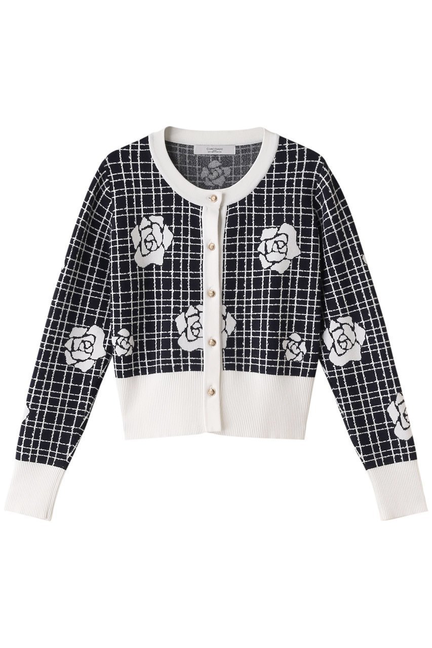 【コルコバード/CORCOVADO】のカメリアジャガードカーディガン インテリア・キッズ・メンズ・レディースファッション・服の通販 founy(ファニー) 　ファッション　Fashion　レディースファッション　Ladies' Fashion Online　トップス・カットソー　Tops/Tshirt　ニット　Knit Tops　カーディガン　Cardigans　カーディガン　Cardigan　コンパクト　Compact　ショート　Short　ジャカード　Jacquard　ジャケット　Jacket　センター　Center　チェック　Check　バランス　Balance　フレア　Flare　ボトム　Bottom　エレガント 上品　Elegant　無地　Plain Color　ネイビー|ID: prp329100004578728 ipo3291000000032435028