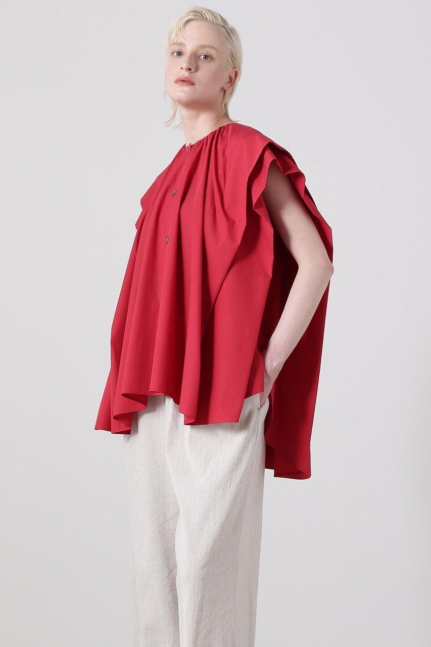 【ヒューエルミュージアム/hueLe Museum】の【hLM】タイプライタータックスリーブブラウス インテリア・キッズ・メンズ・レディースファッション・服の通販 founy(ファニー) 　ファッション　Fashion　レディースファッション　Fashion for Women　トップス・カットソー　Cut & Sew Tops　シャツ・ブラウス・オフィスカジュアル　Elegant Blouses & Button-Ups　エレガント 上品　Elegant　ギャザー　Gathered, Ruffled　ショート　Short, Short Length　スリーブ　Sleeve, Long Sleeve / Short Sleeve　タイプライター　Typewriter Fabric, Crisp Cotton　ダブル　Double, Double-Breasted　フォルム　Silhouette, Form　レッド|ID: prp329100004579115 ipo3291000000036180973