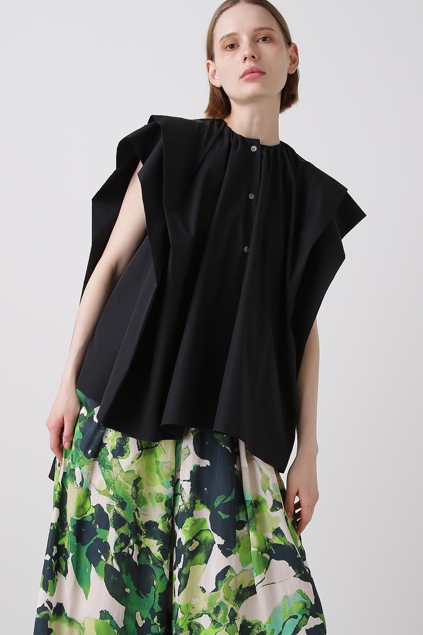 【ヒューエルミュージアム/hueLe Museum】の【hLM】タイプライタータックスリーブブラウス インテリア・キッズ・メンズ・レディースファッション・服の通販 founy(ファニー) 　ファッション　Fashion　レディースファッション　Fashion for Women　トップス・カットソー　Cut & Sew Tops　シャツ・ブラウス・オフィスカジュアル　Elegant Blouses & Button-Ups　エレガント 上品　Elegant　ギャザー　Gathered, Ruffled　ショート　Short, Short Length　スリーブ　Sleeve, Long Sleeve / Short Sleeve　タイプライター　Typewriter Fabric, Crisp Cotton　ダブル　Double, Double-Breasted　フォルム　Silhouette, Form　ブラック|ID: prp329100004579115 ipo3291000000036180975