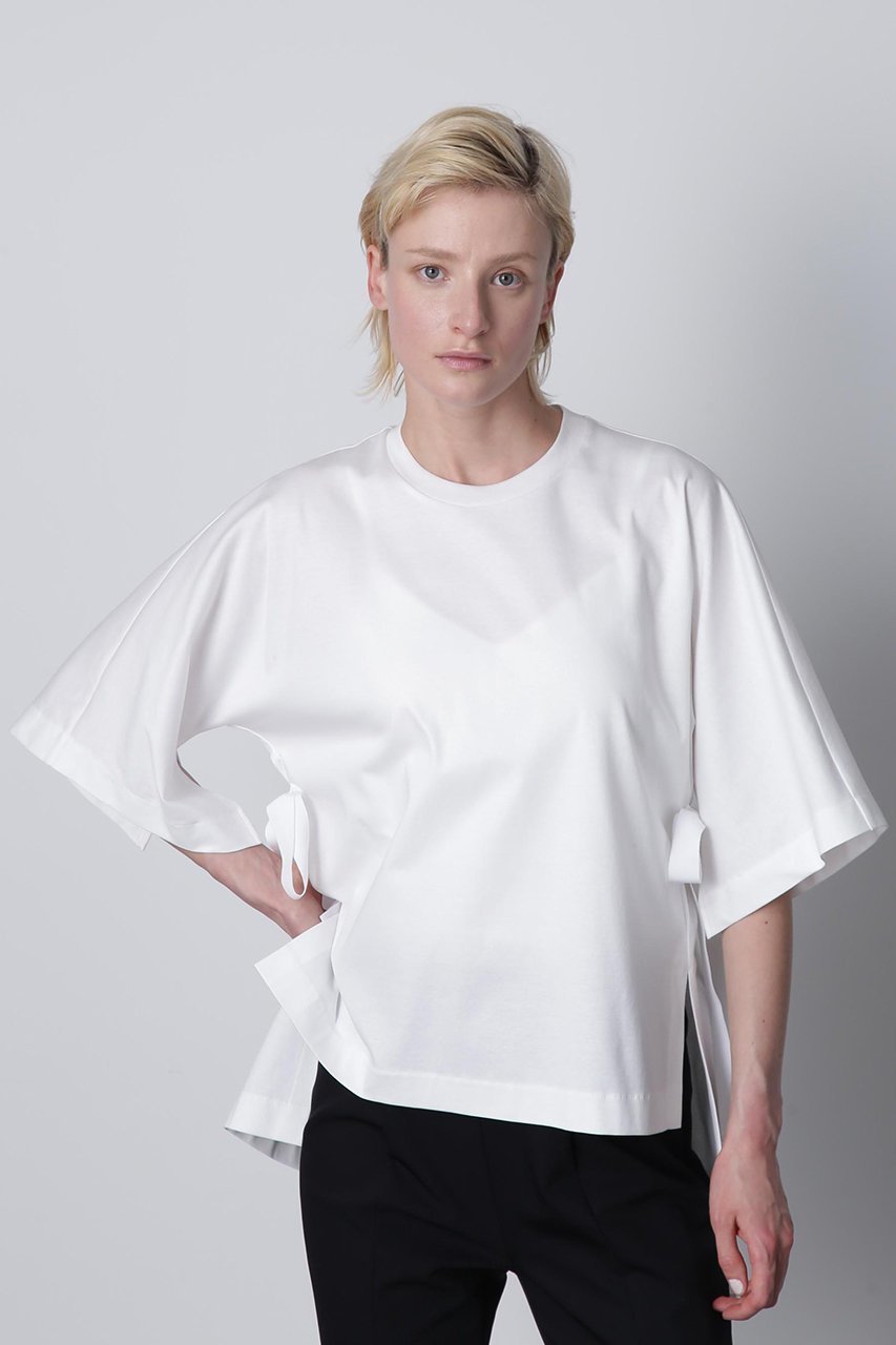 【ヒューエルミュージアム/hueLe Museum】の【hLM】リボンギャザーTシャツ 人気、トレンドファッション・服の通販 founy(ファニー) 　ファッション　Fashion　レディースファッション　Fashion for Women　トップス・カットソー　Cut & Sew Tops　シャツ・ブラウス・オフィスカジュアル　Elegant Blouses & Button-Ups　ロングTシャツ・Tシャツ　Longline T-Shirts & Tees　カットソー・ベーシックTシャツ　Cut-and-Sewn Tops / Stretch Tees & Basics　エレガント 上品　Elegant　ギャザー　Gathered, Ruffled　ショート　Short, Short Length　スリーブ　Sleeve, Long Sleeve / Short Sleeve　ドレープ　Drape, Draping Fabric　リボン　Ribbon, Bow　other-6|ID: prp329100004579117 ipo3291000000035003349